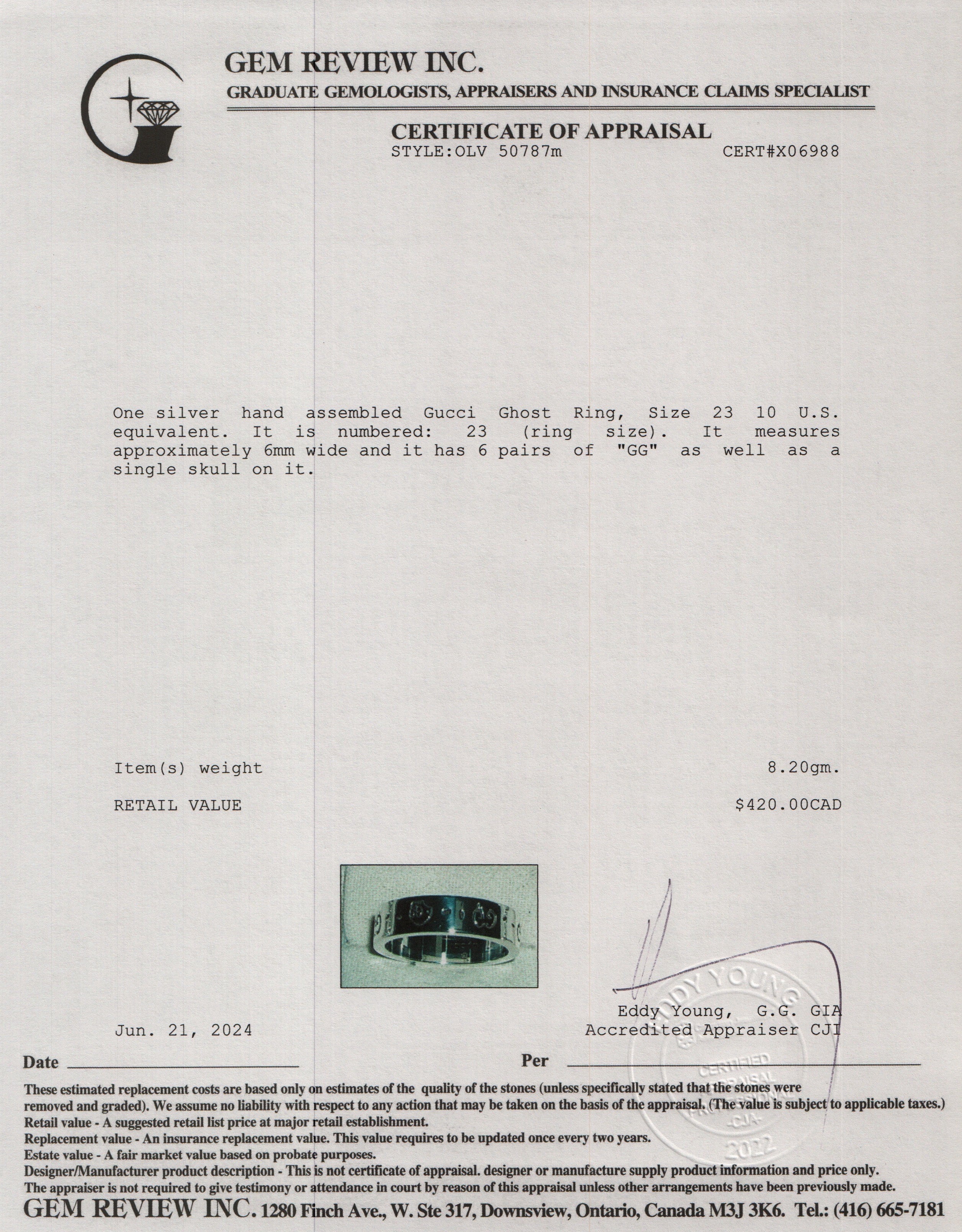 Gucci Sterling Silver Ghost Ring, Size 23 10