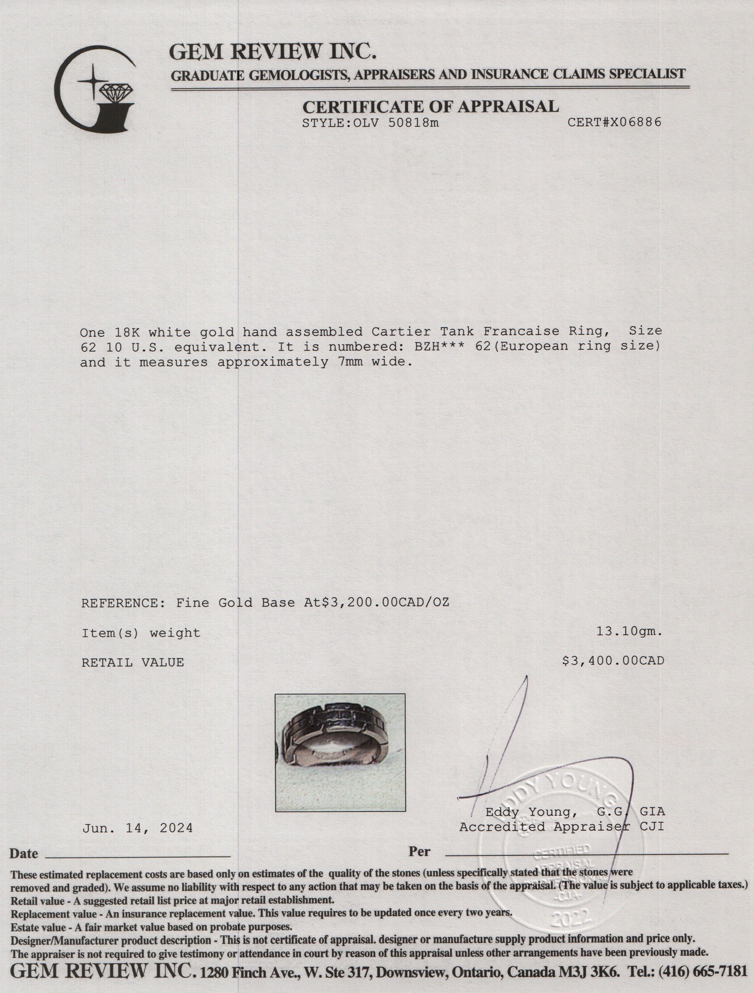 Cartier 18k White Gold Tank Francaise Ring, Size 62 10 w/ Receipt & Certificate