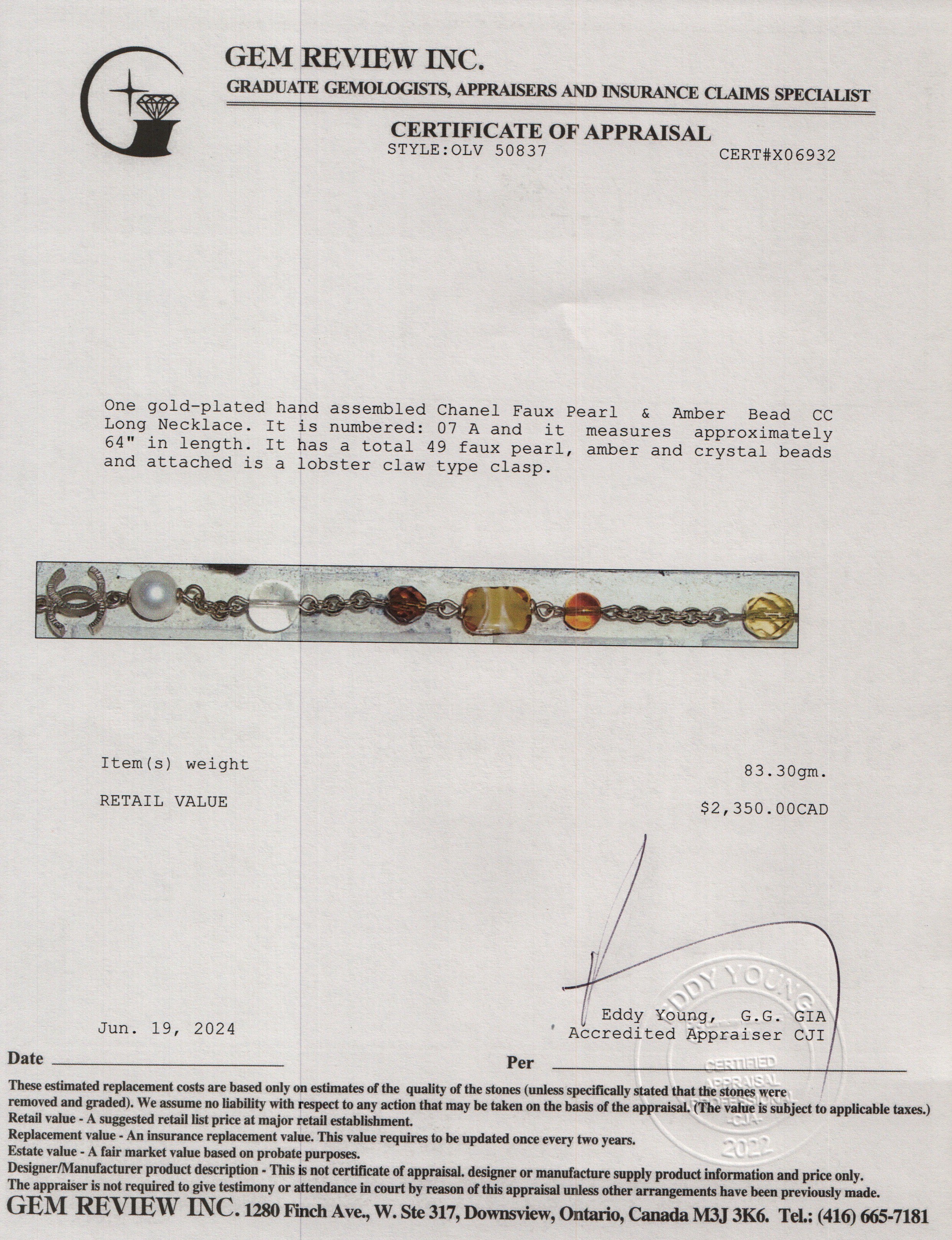 Chanel Gold Plated Faux Pearl & Amber Bead CC Long Necklace