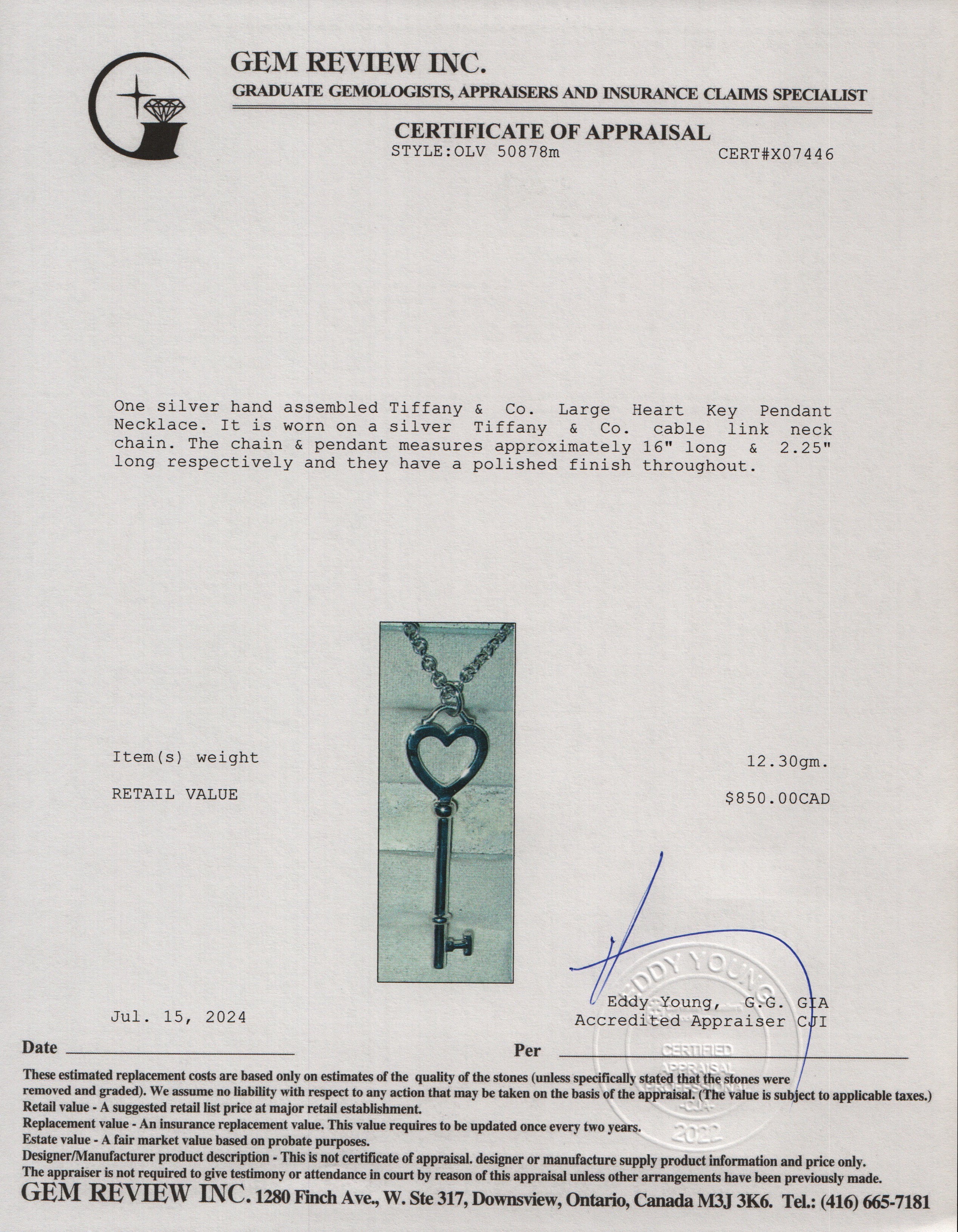 Tiffany & Co. Sterling Silver Large Heart Key Pendant Necklace
