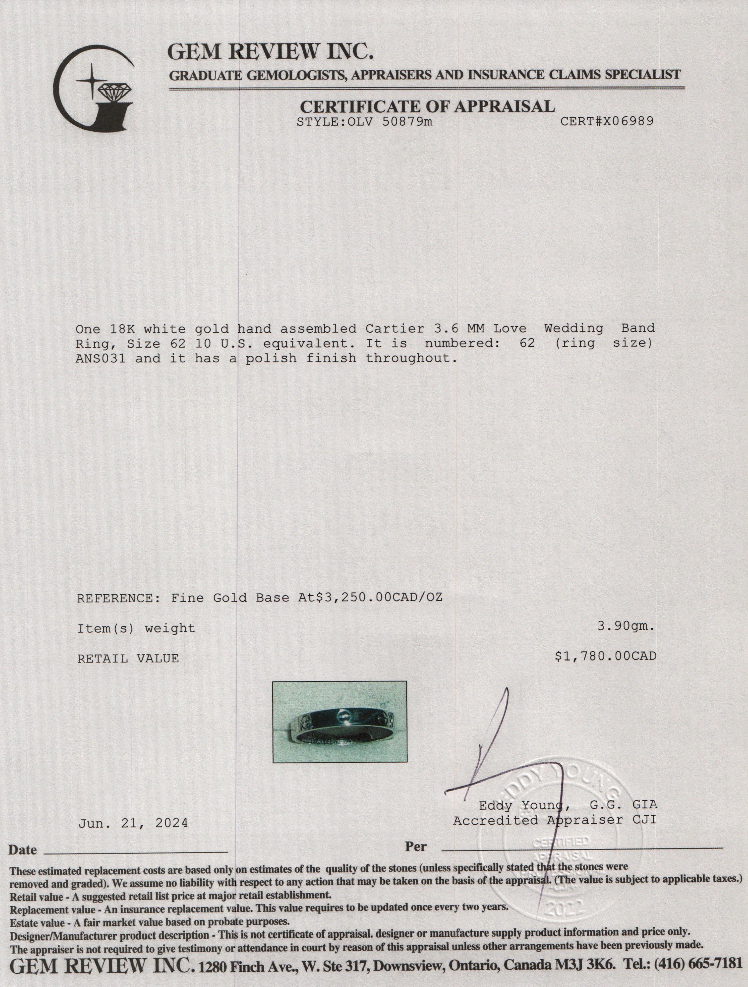 Cartier 18k White Gold 3.6 MM Love Wedding Band Ring, Size 62 10