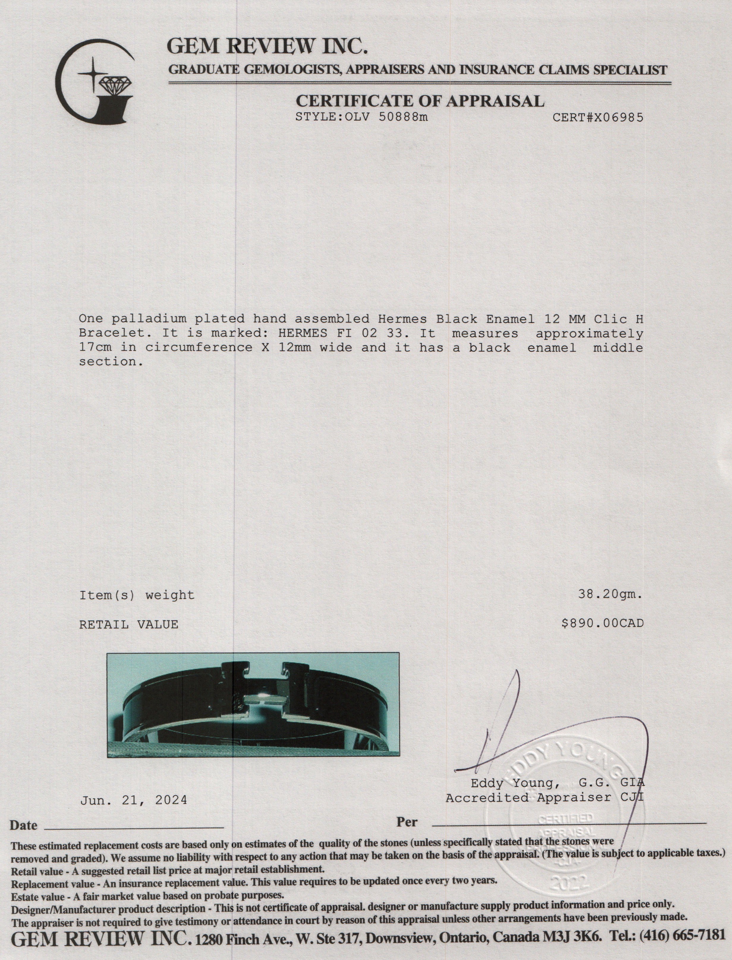 Hermes Palladium Plated Black Enamel 12 MM Clic H Bracelet w/ Box