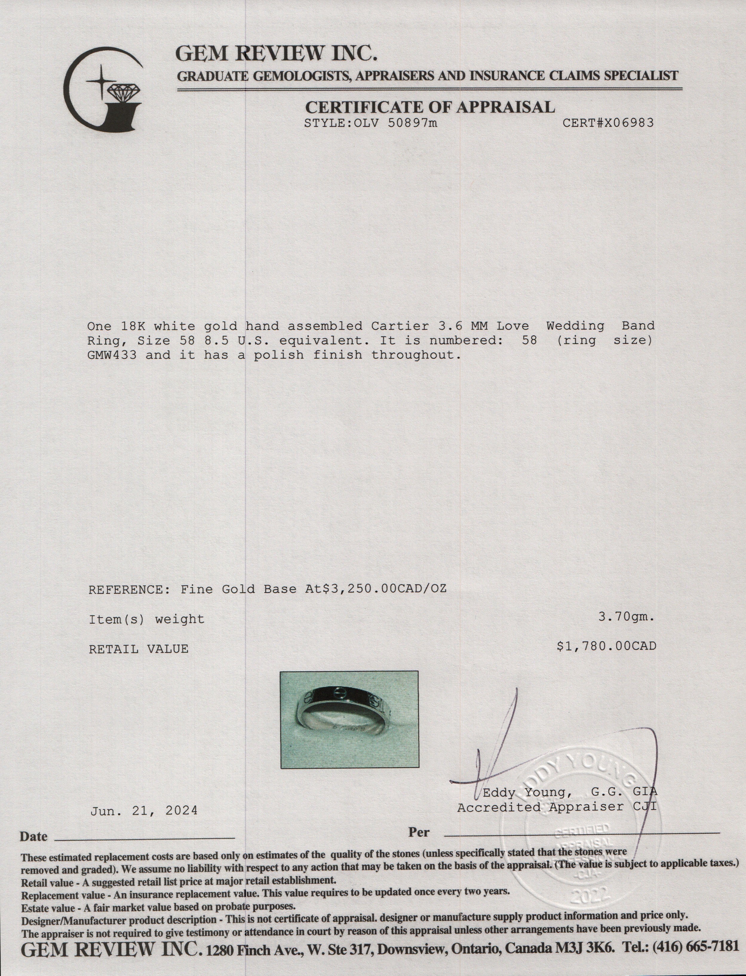 Cartier 18k White Gold 3.6 MM Love Wedding Band Ring, Size 58 8.5 w/ Box & Certificate