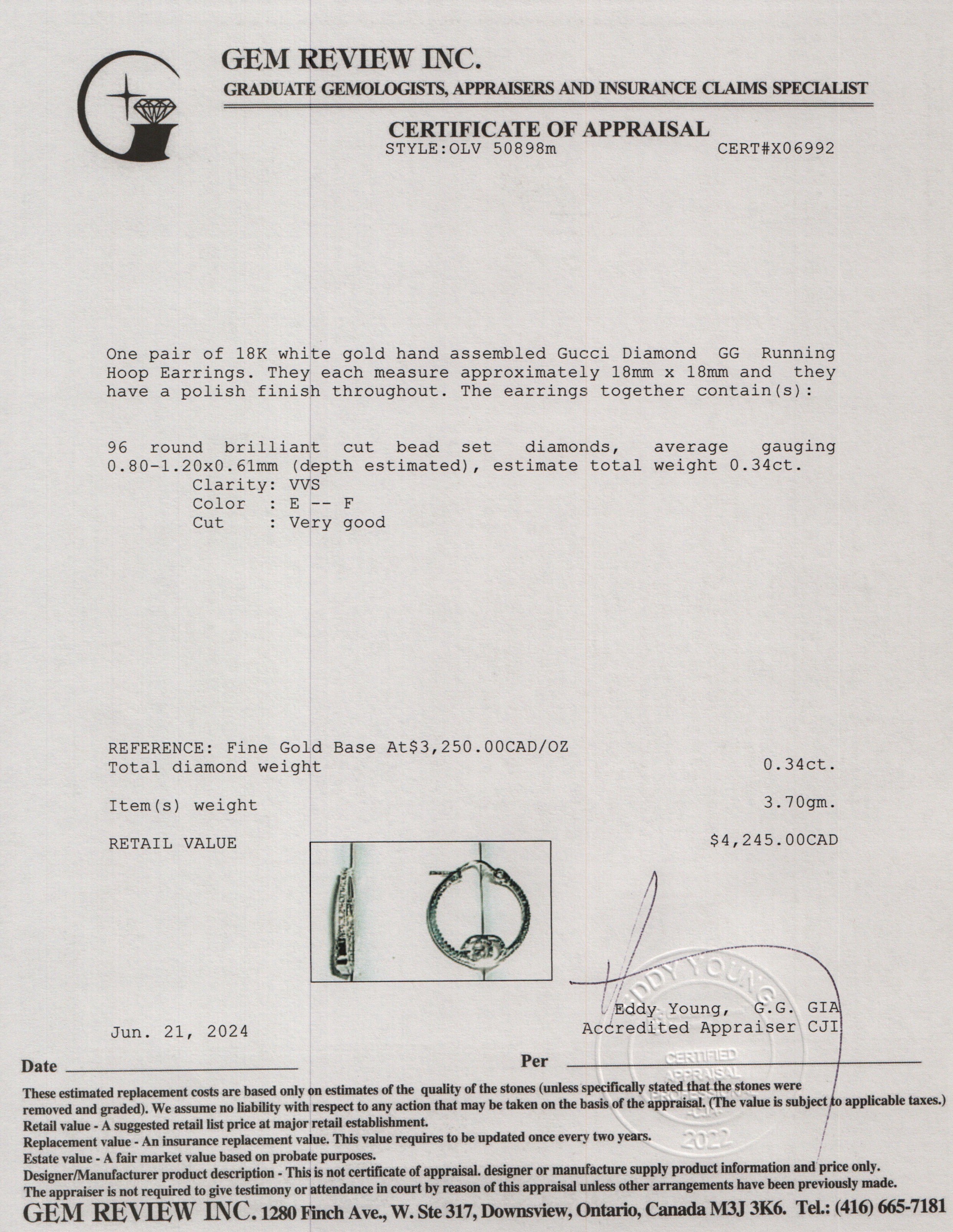 Gucci 18k White Gold Diamond GG Running Hoop Earrings w/ Box