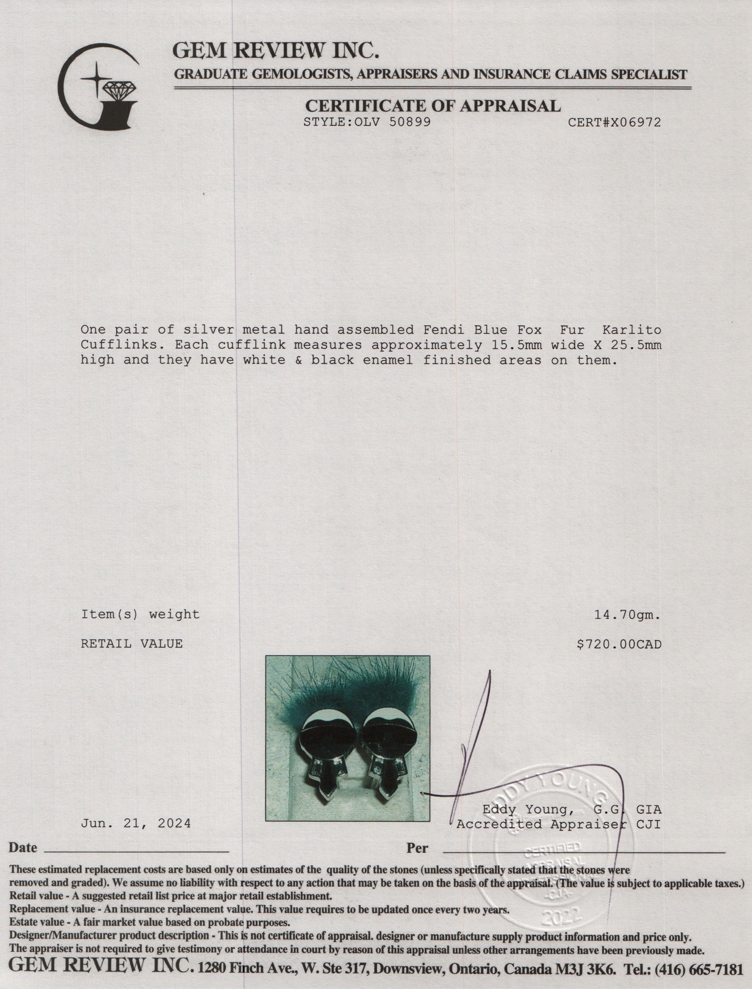 Fendi Silver Metal Blue Fox Fur Karlito Cufflinks w/ Box