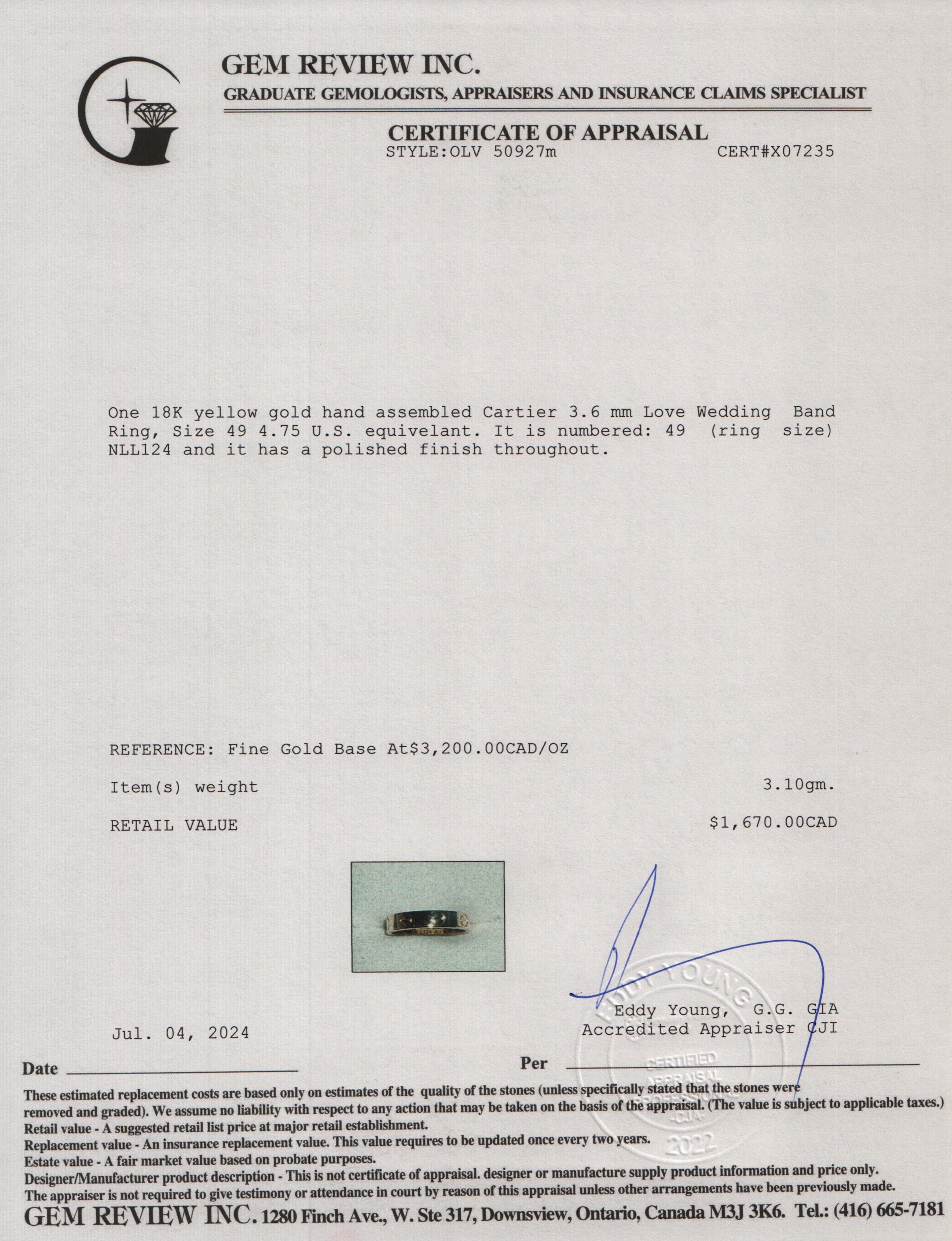 Cartier 2021 18k Yellow Gold 3.6 mm Love Wedding Band Ring, Size 49 4.75 w/ Box & Certificate