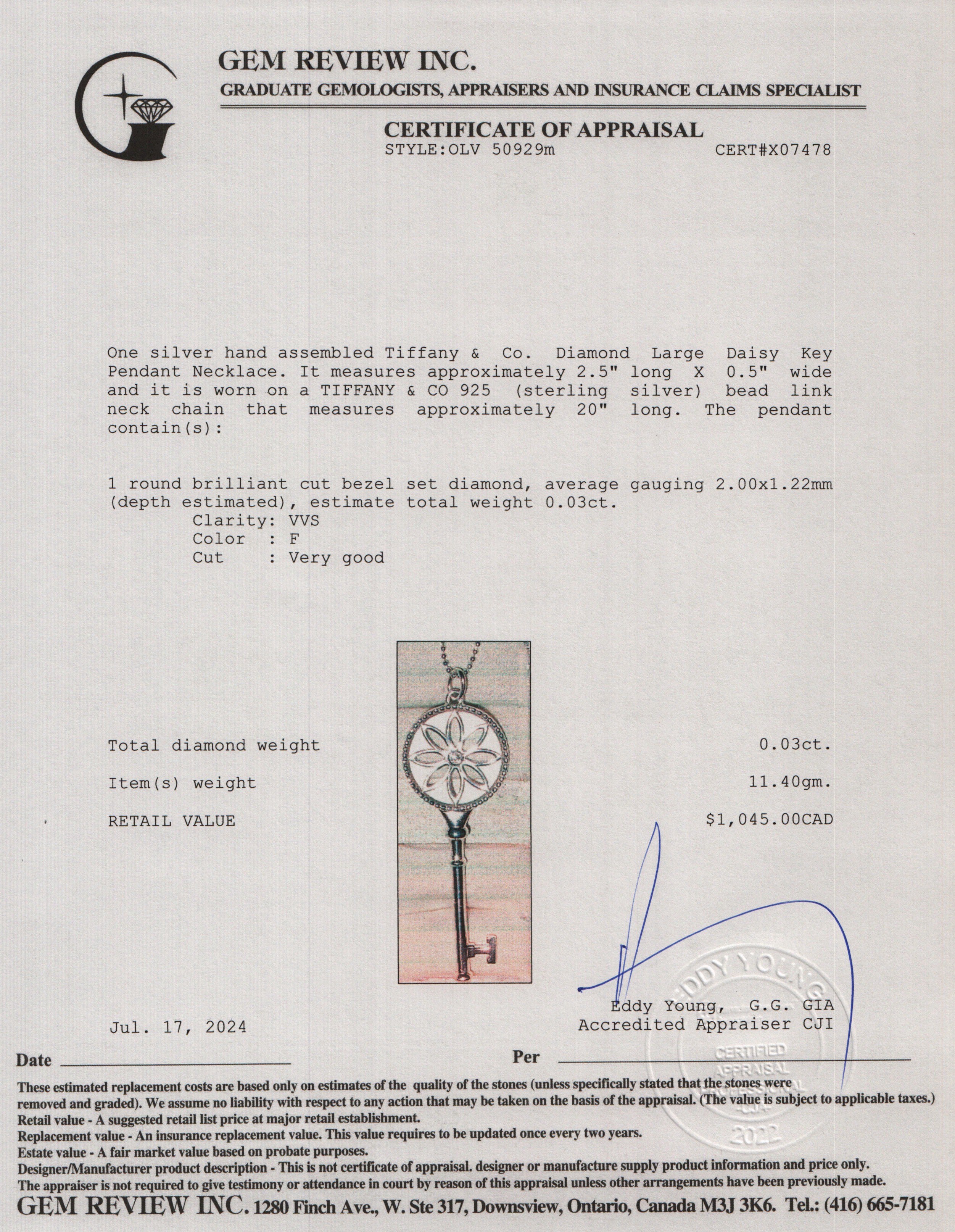 Tiffany & Co. Sterling Silver Diamond Large Daisy Key Pendant Necklace