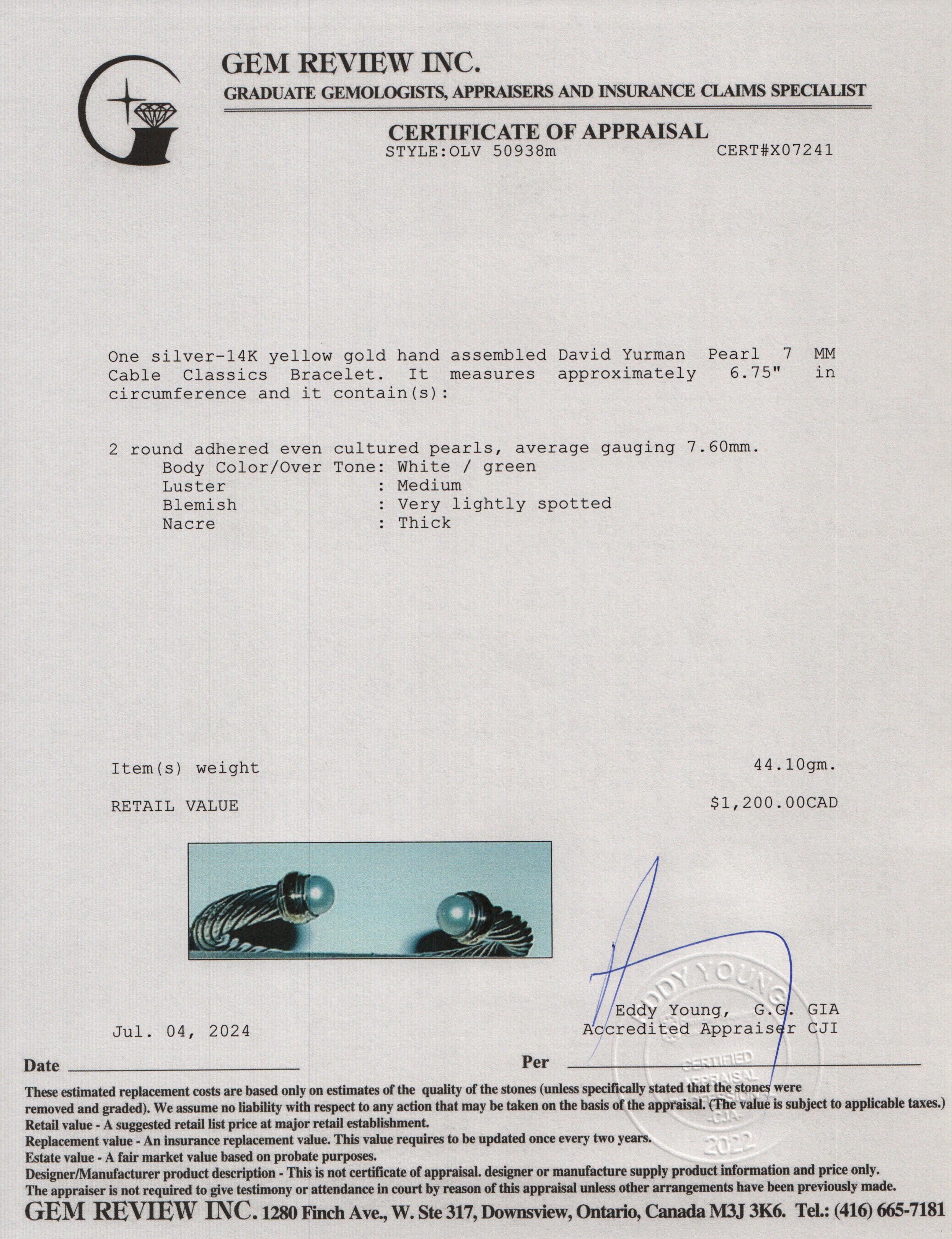 David Yurman Sterling Silver & 14k Yellow Gold Pearl 7 MM Cable Classics Bracelet