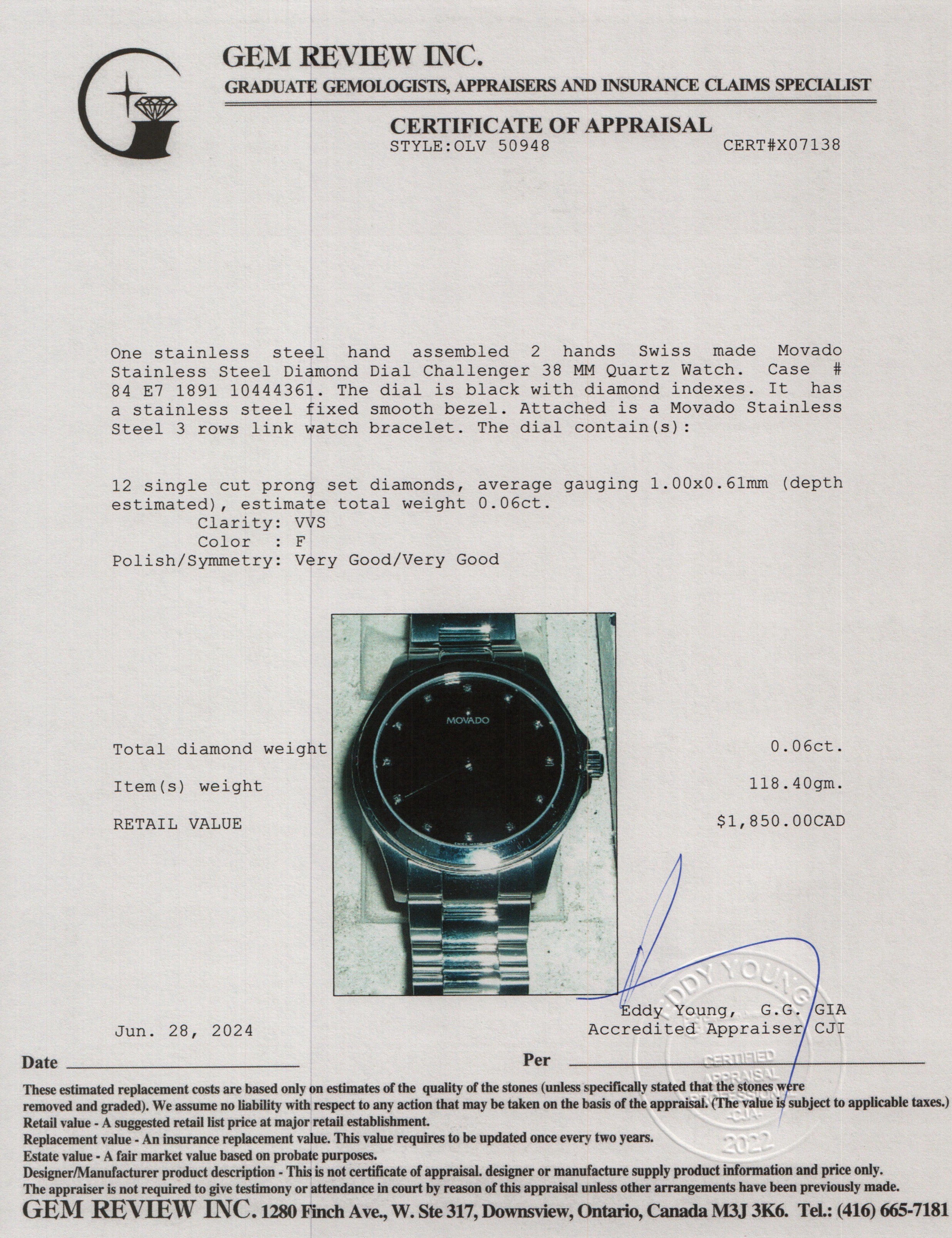 Movado Stainless Steel Diamond Dial Challenger 38 MM Quartz Watch