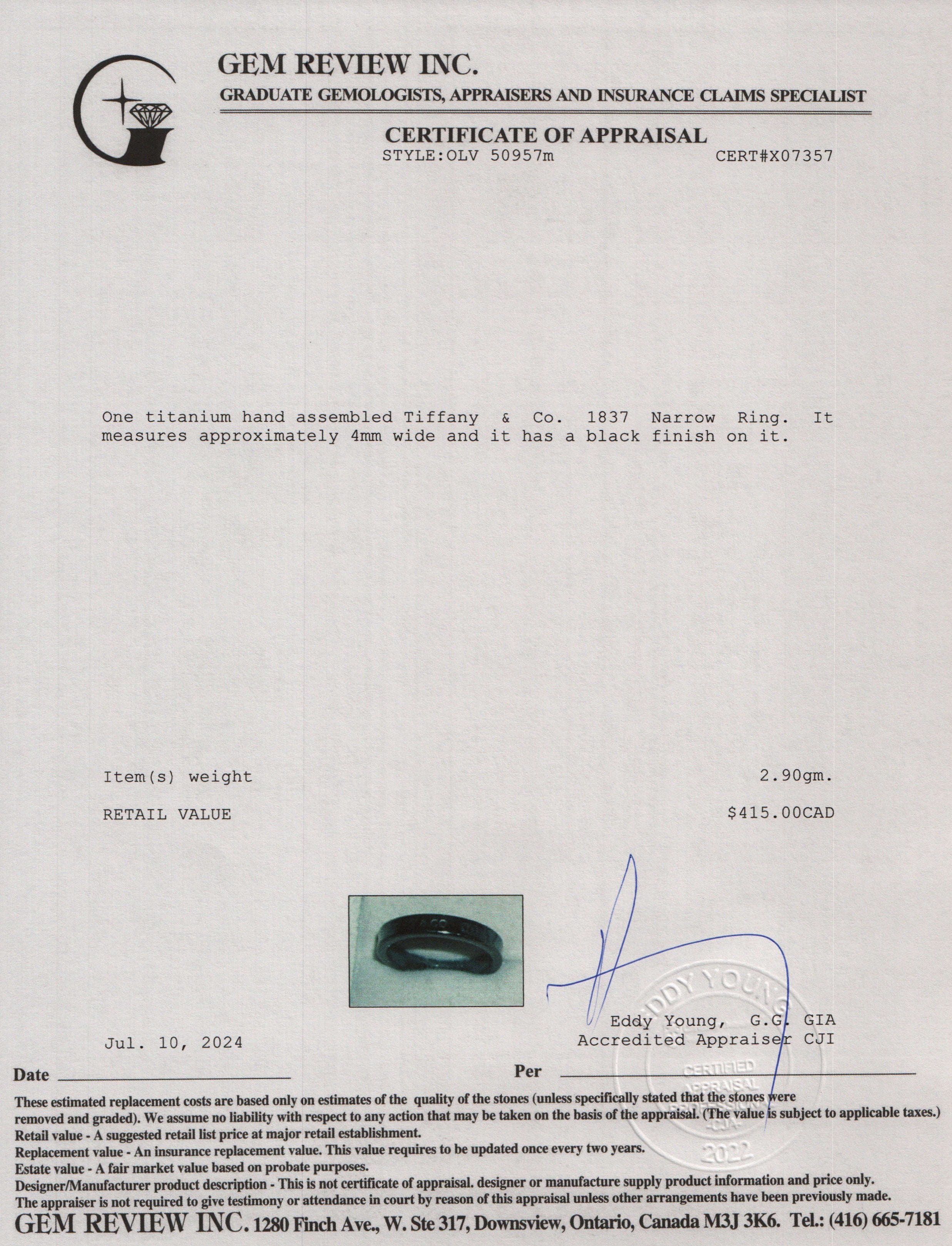 Tiffany & Co. Titanium 1837 Narrow Ring, Size 10