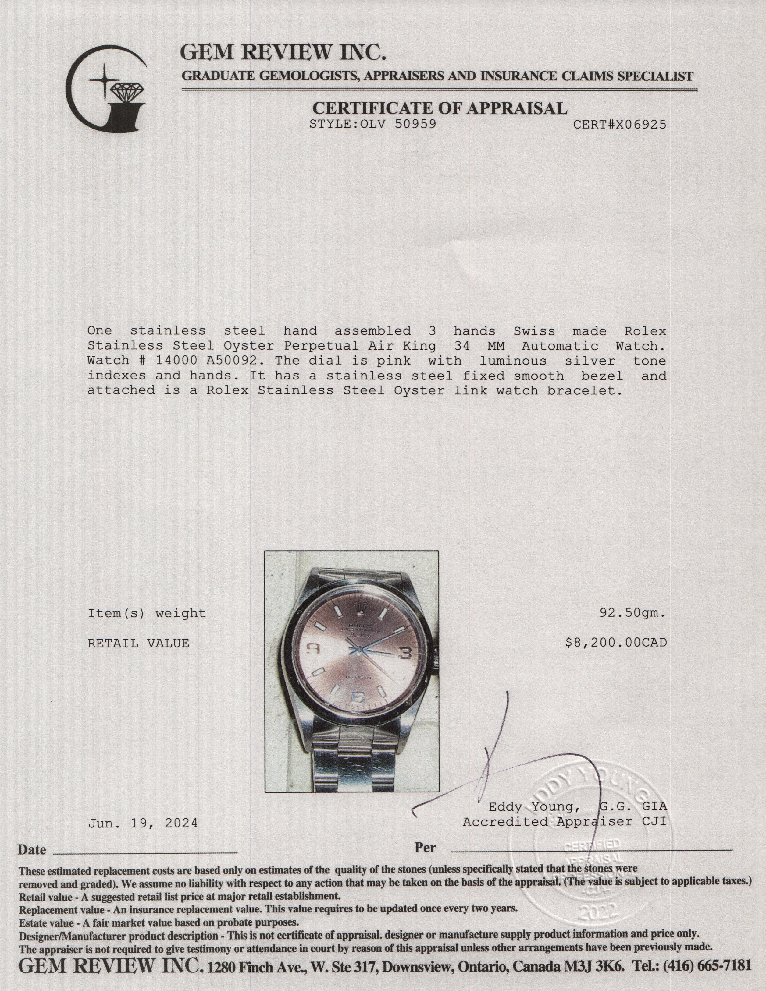 Rolex Stainless Steel Oyster Perpetual Air King 34 MM Automatic Watch 14000