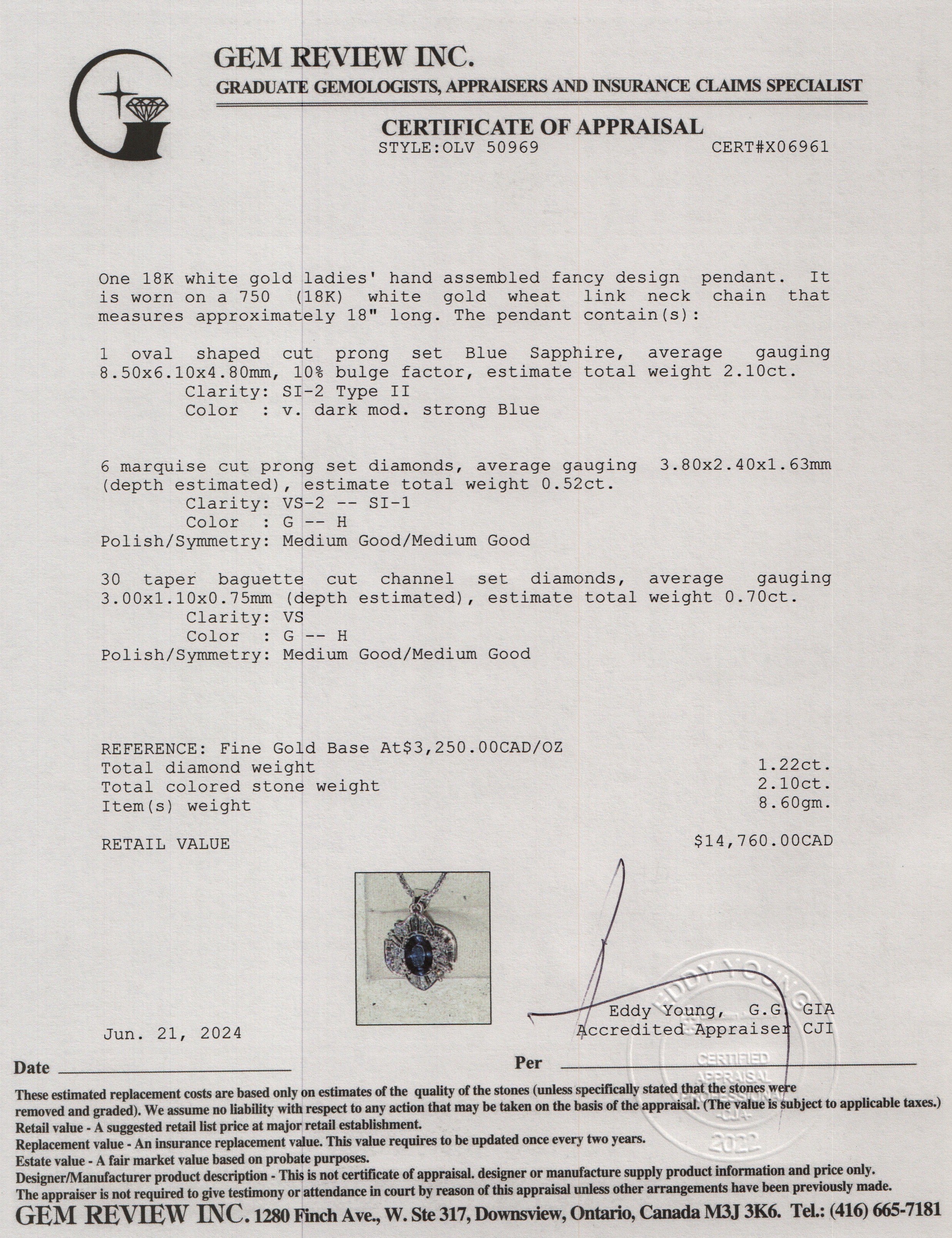 18k White Gold Blue Sapphire and Diamond Pendant Necklace