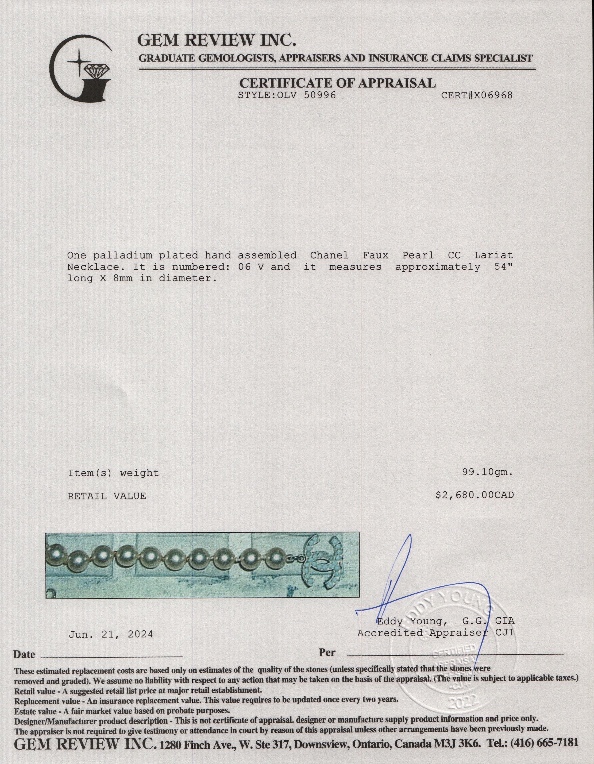 Chanel Palladium-Plated Faux Pearl CC Lariat Necklace