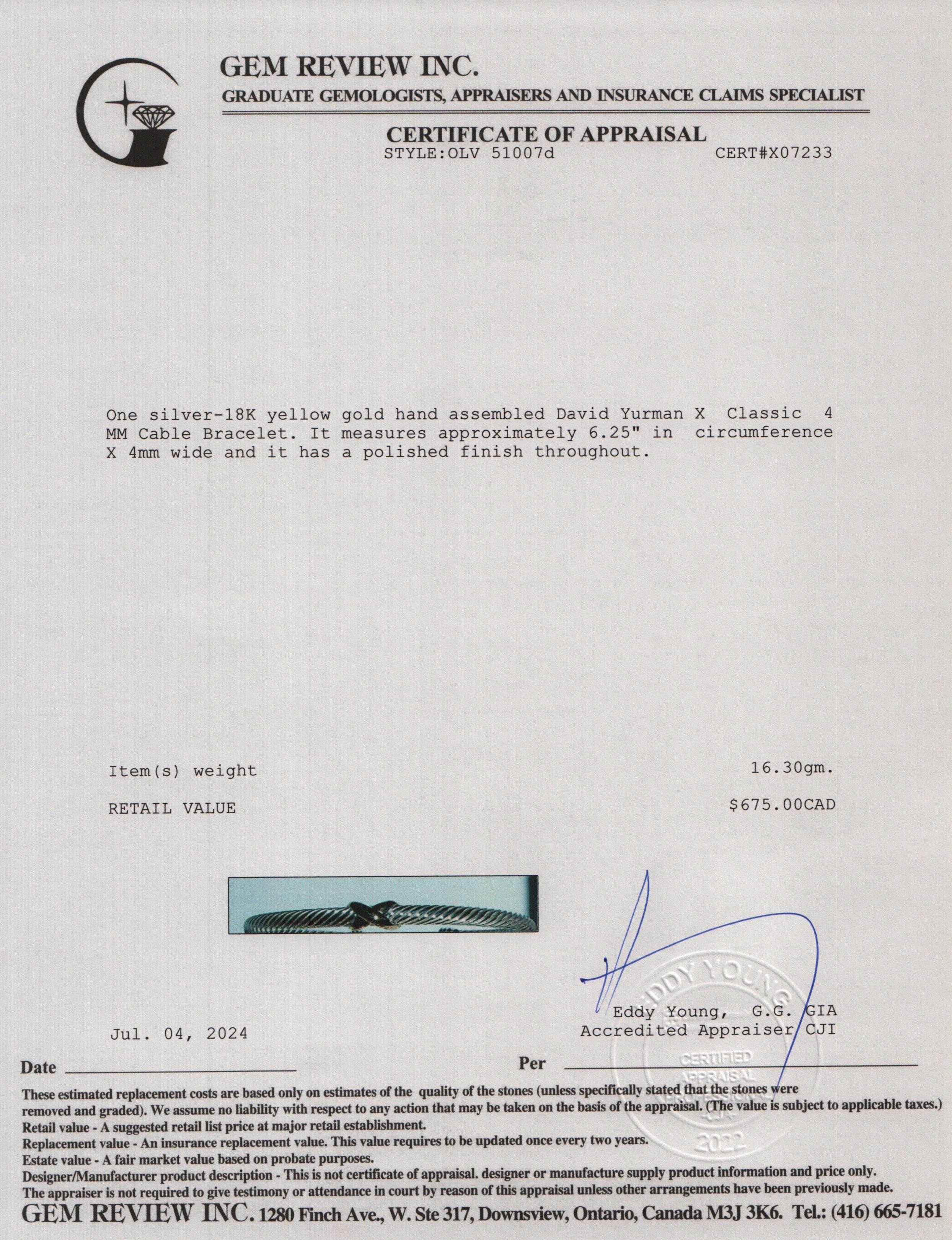 David Yurman Sterling Silver & 18k Yellow Gold X Classic 4 MM Cable Bracelet