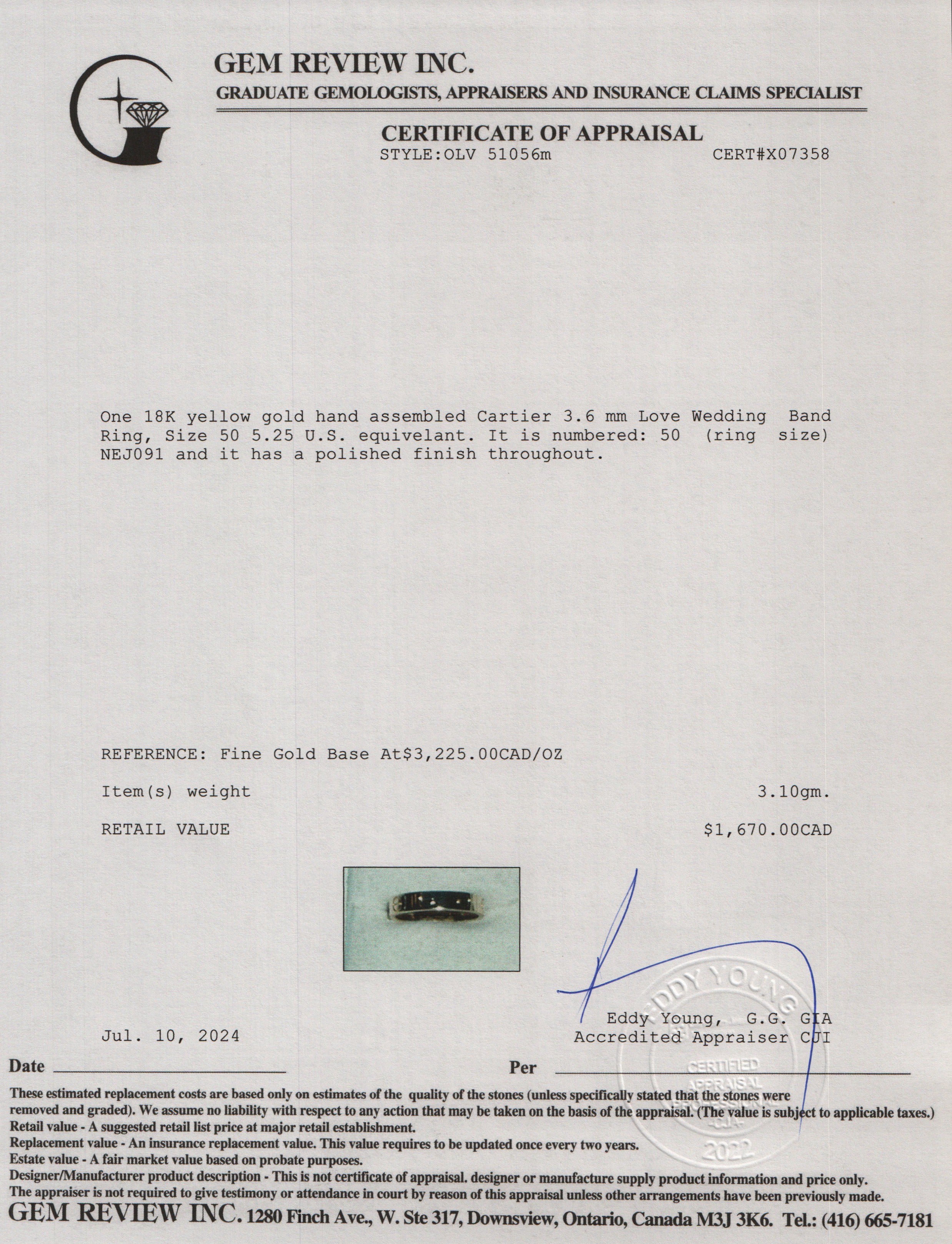 Cartier 18k Yellow Gold 3.6 mm Love Wedding Band Ring, Size 50 5.25 w/ Box