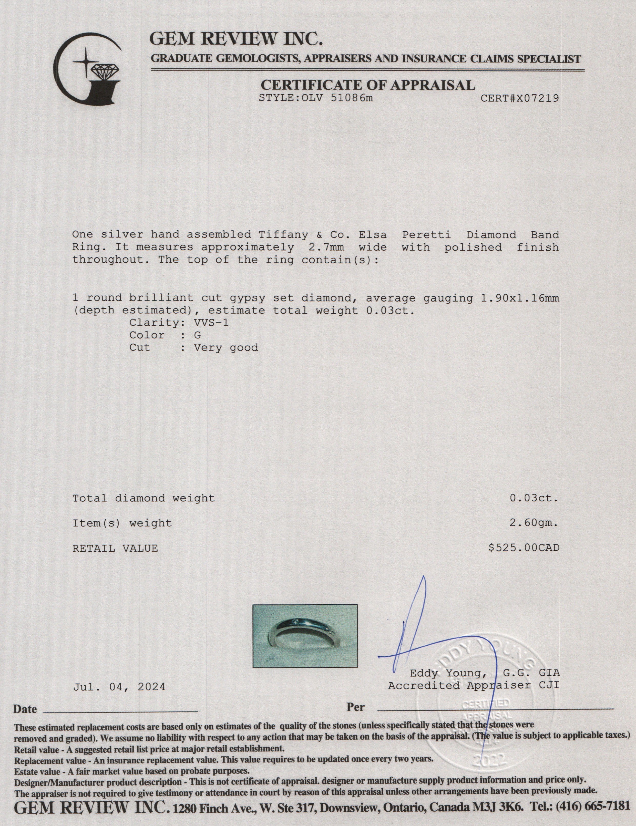 Tiffany & Co. Elsa Peretti Sterling Silver Diamond Band Ring, Size 6