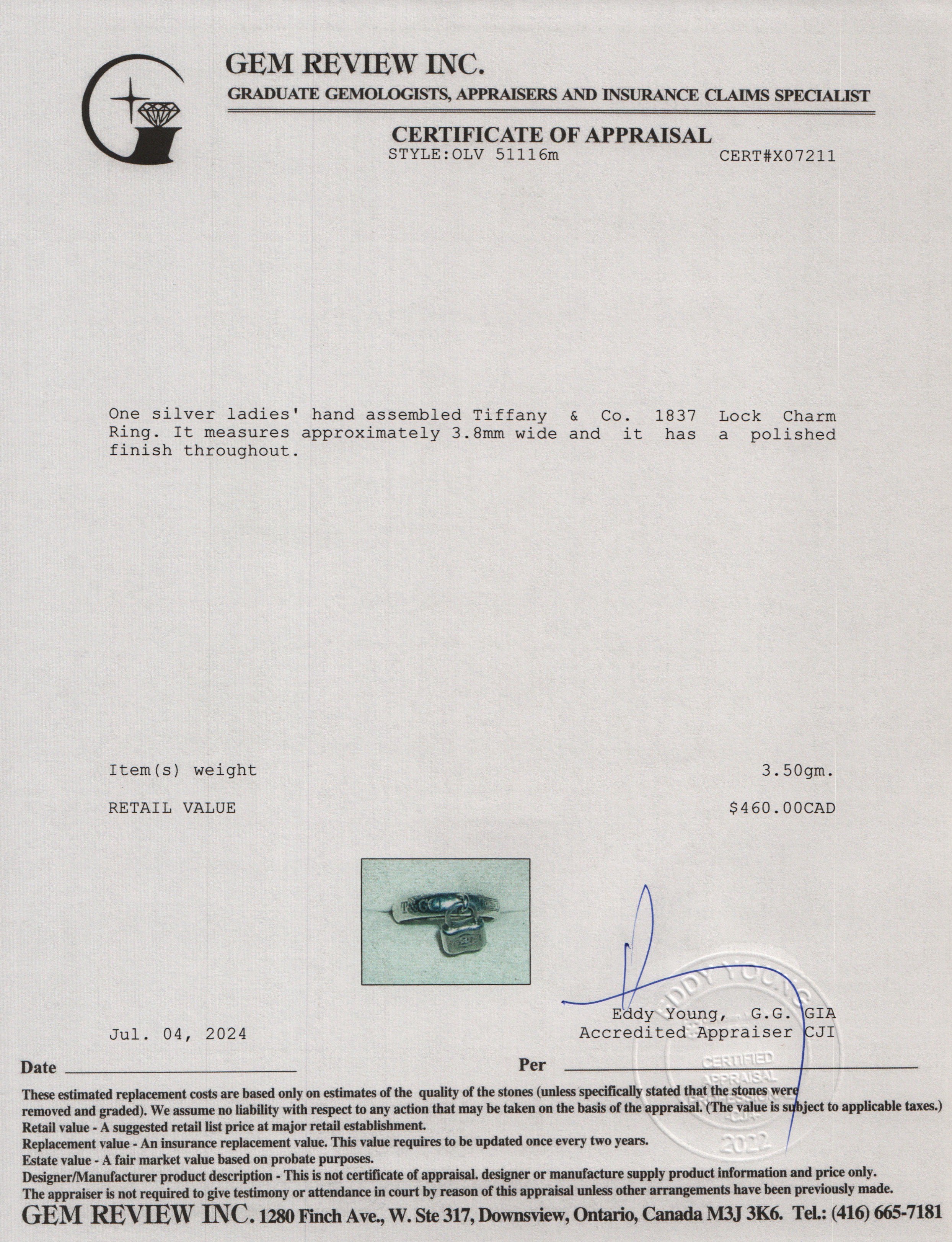 Tiffany & Co. Sterling Silver 1837 Lock Charm Ring, Size 5.5