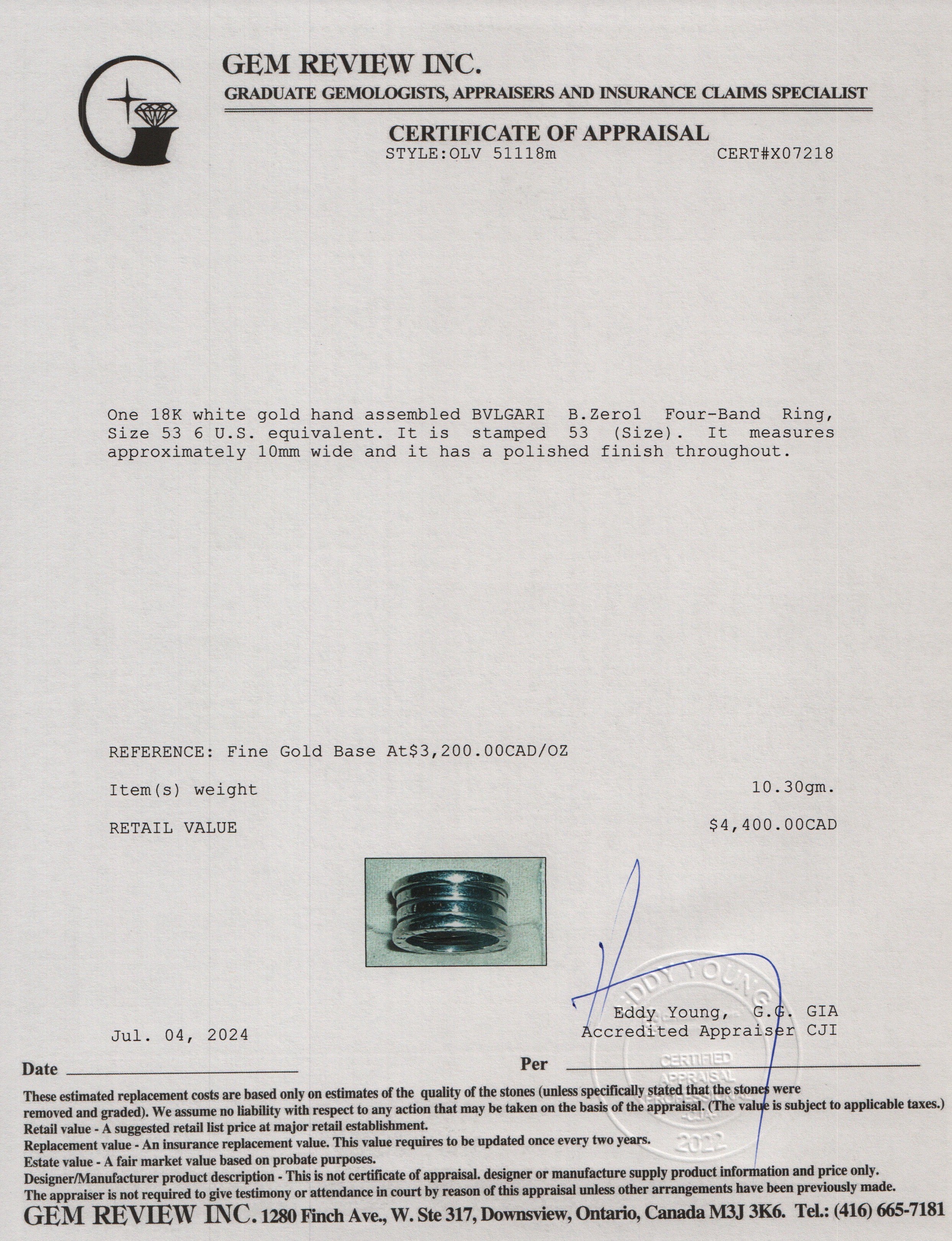 BVLGARI 18k White Gold B.Zero1 Four-Band Ring, Size 53 6 w/ Box