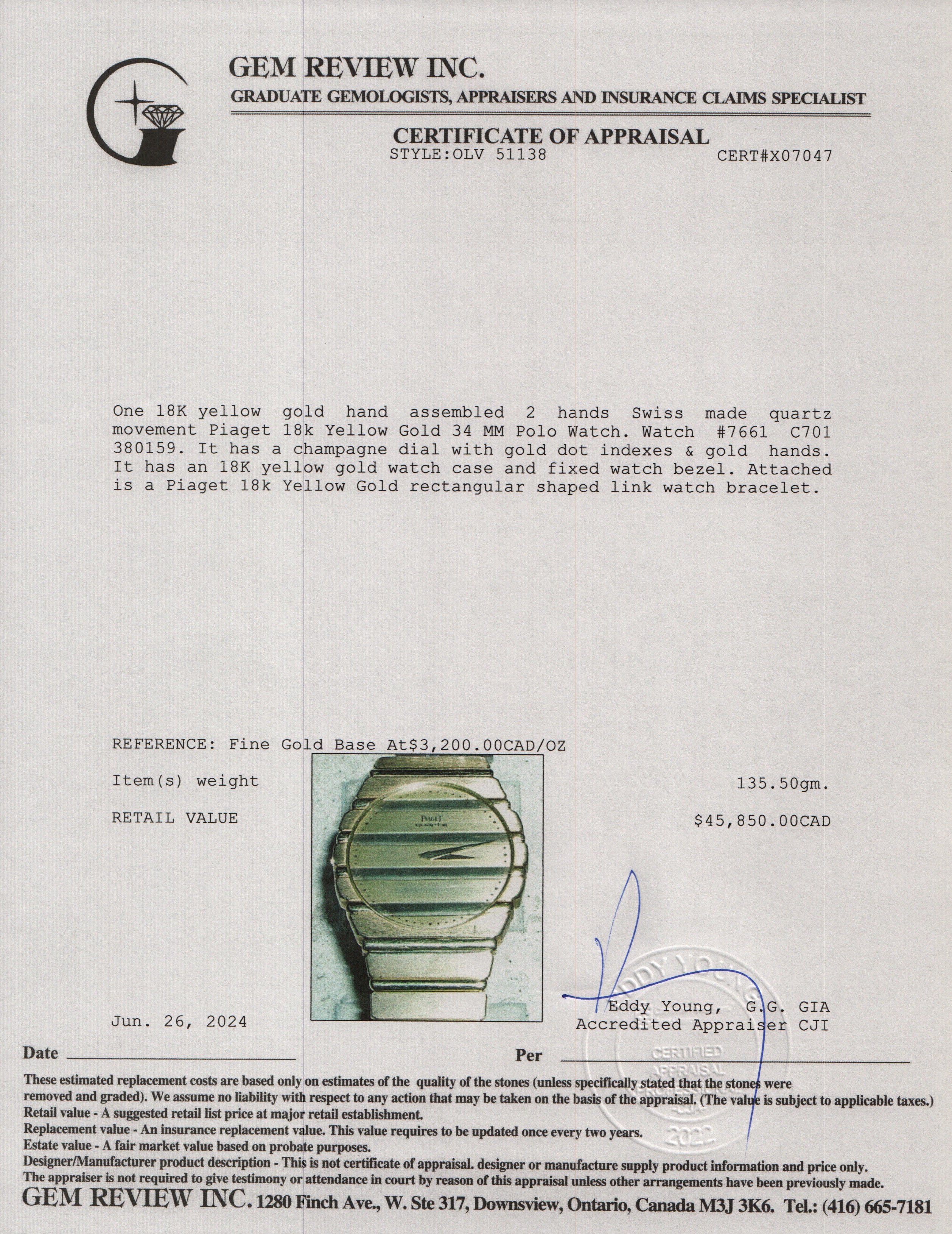 Piaget 18k Yellow Gold 34 MM Polo Watch 7661