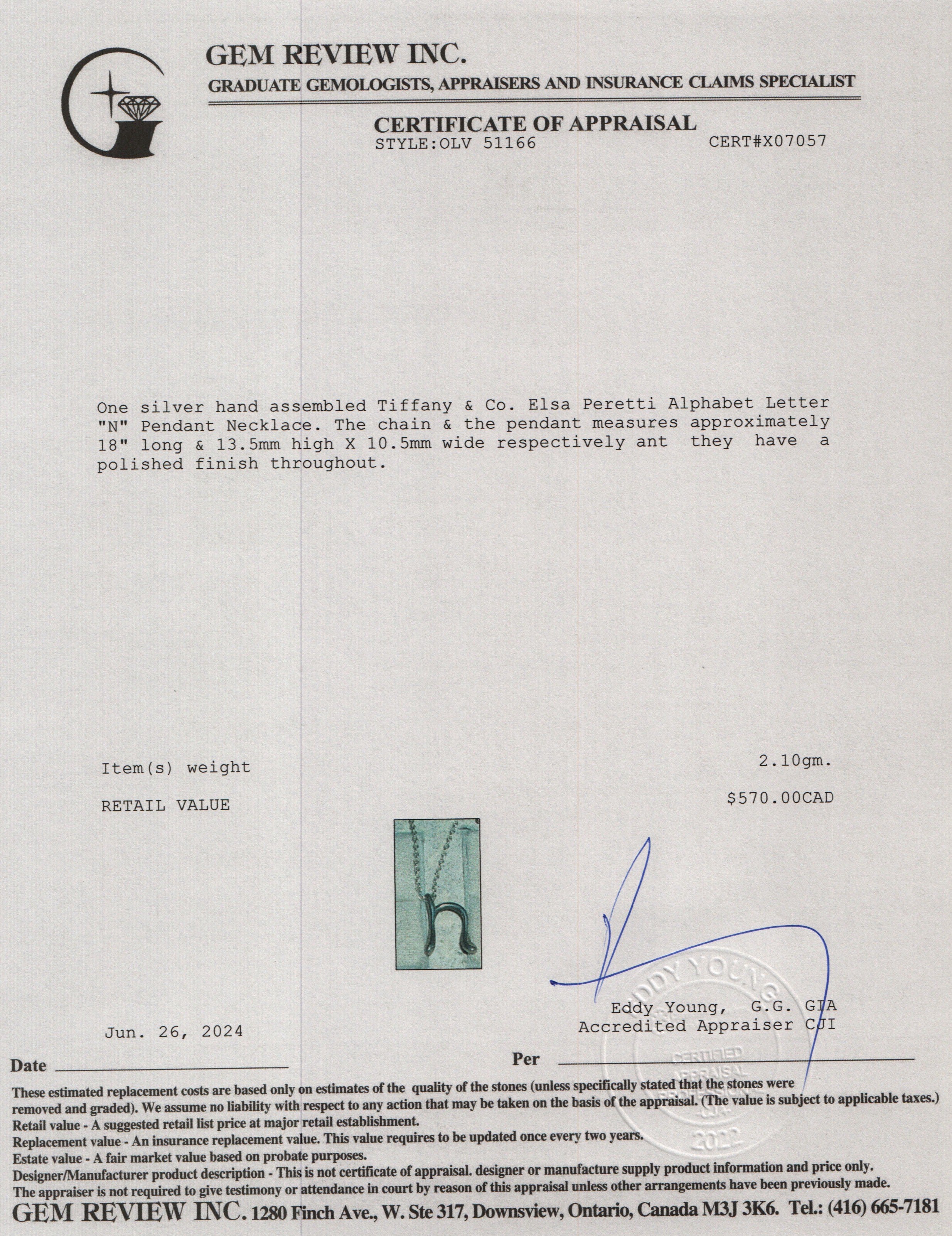 Tiffany & Co. Elsa Peretti Sterling Silver Alphabet Letter "N" Pendant Necklace