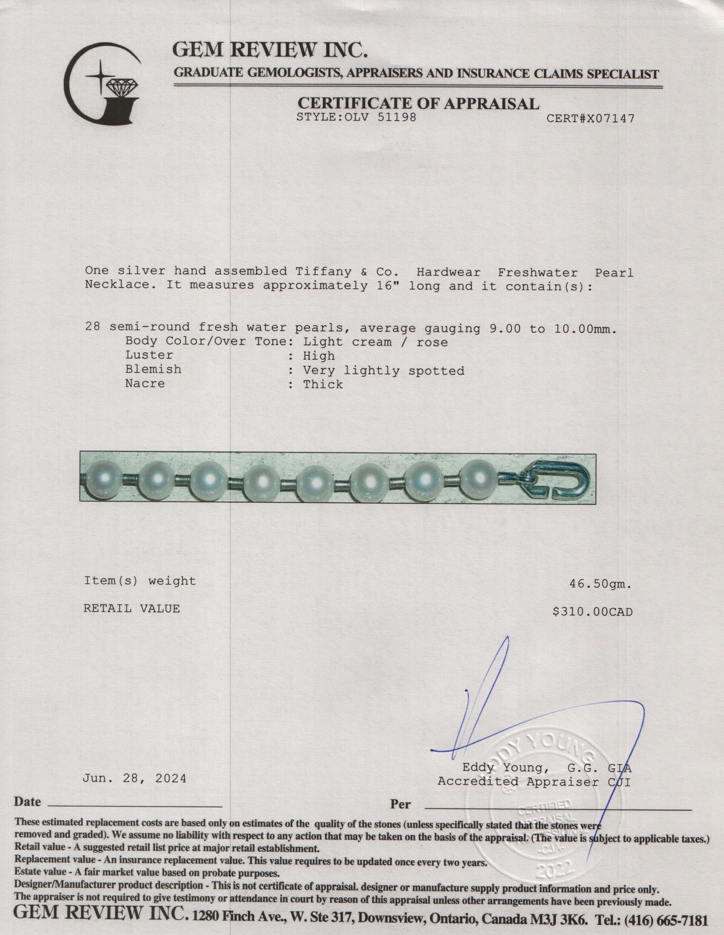 Tiffany & Co. Sterling Silver Hardwear Freshwater Pearl Necklace w/ Box