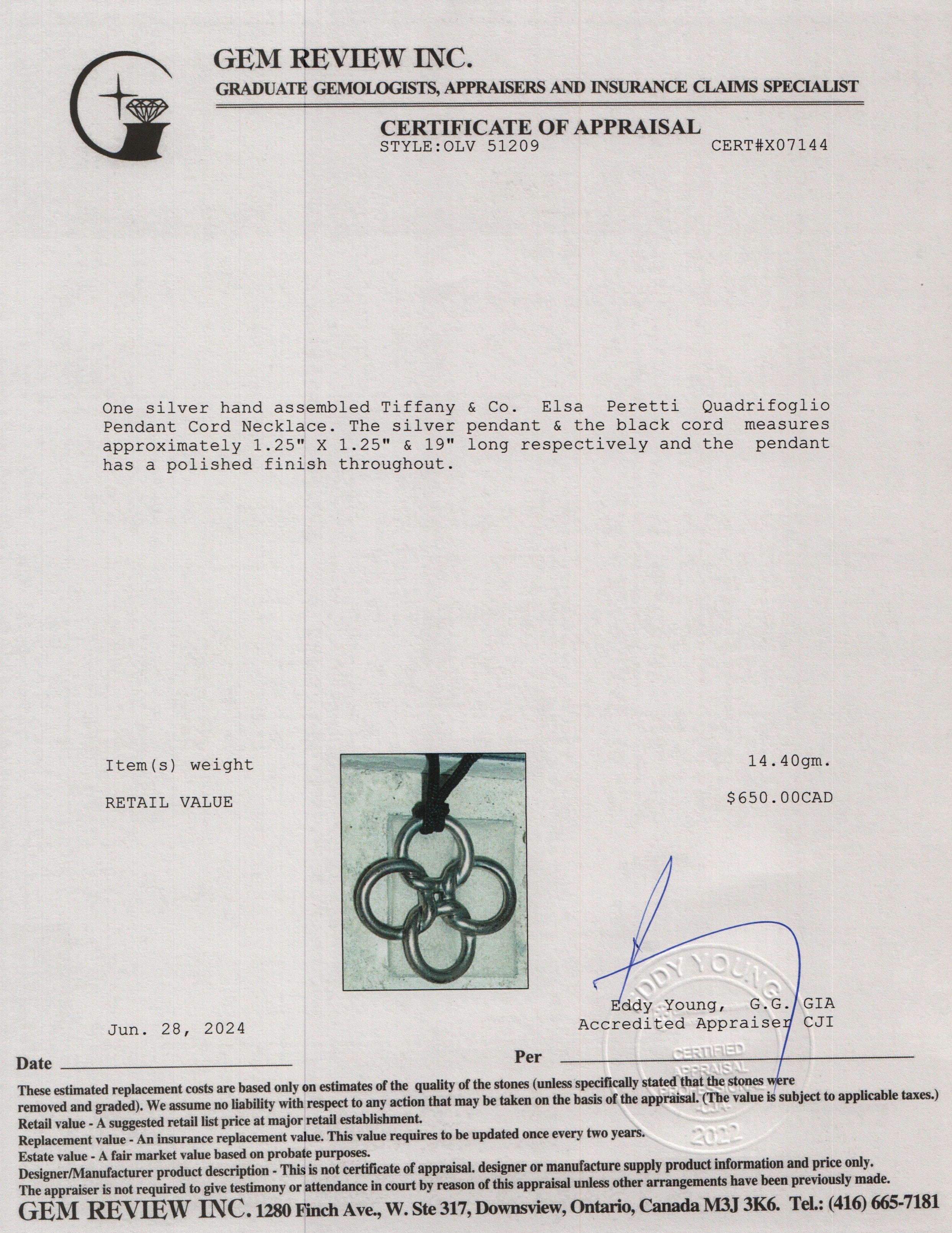 Tiffany & Co. Elsa Peretti Sterling Silver Quadrifoglio Pendant Cord Necklace