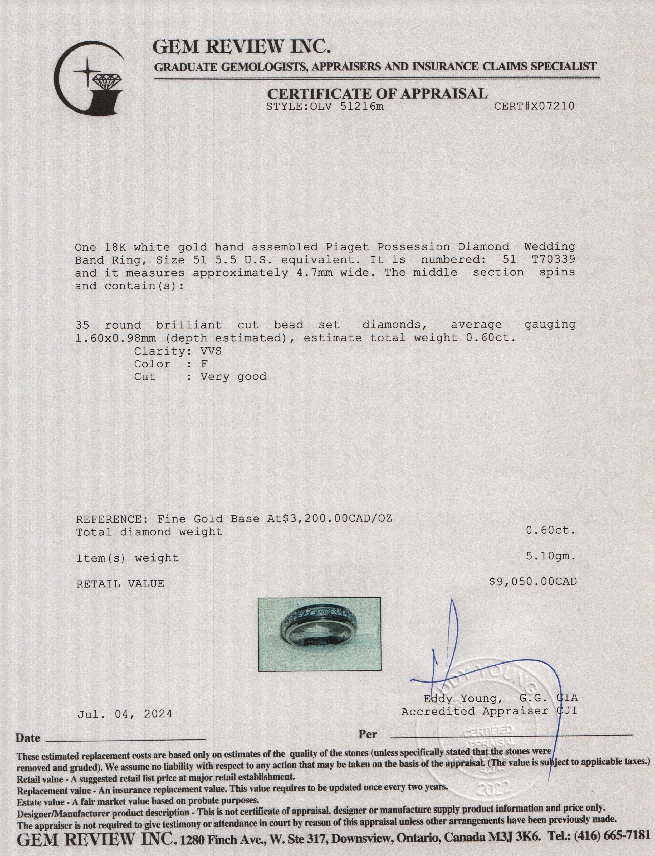 Piaget 18k White Gold Possession Diamond Wedding Band Ring, Size 51 5.5 w/ Box & Certificate