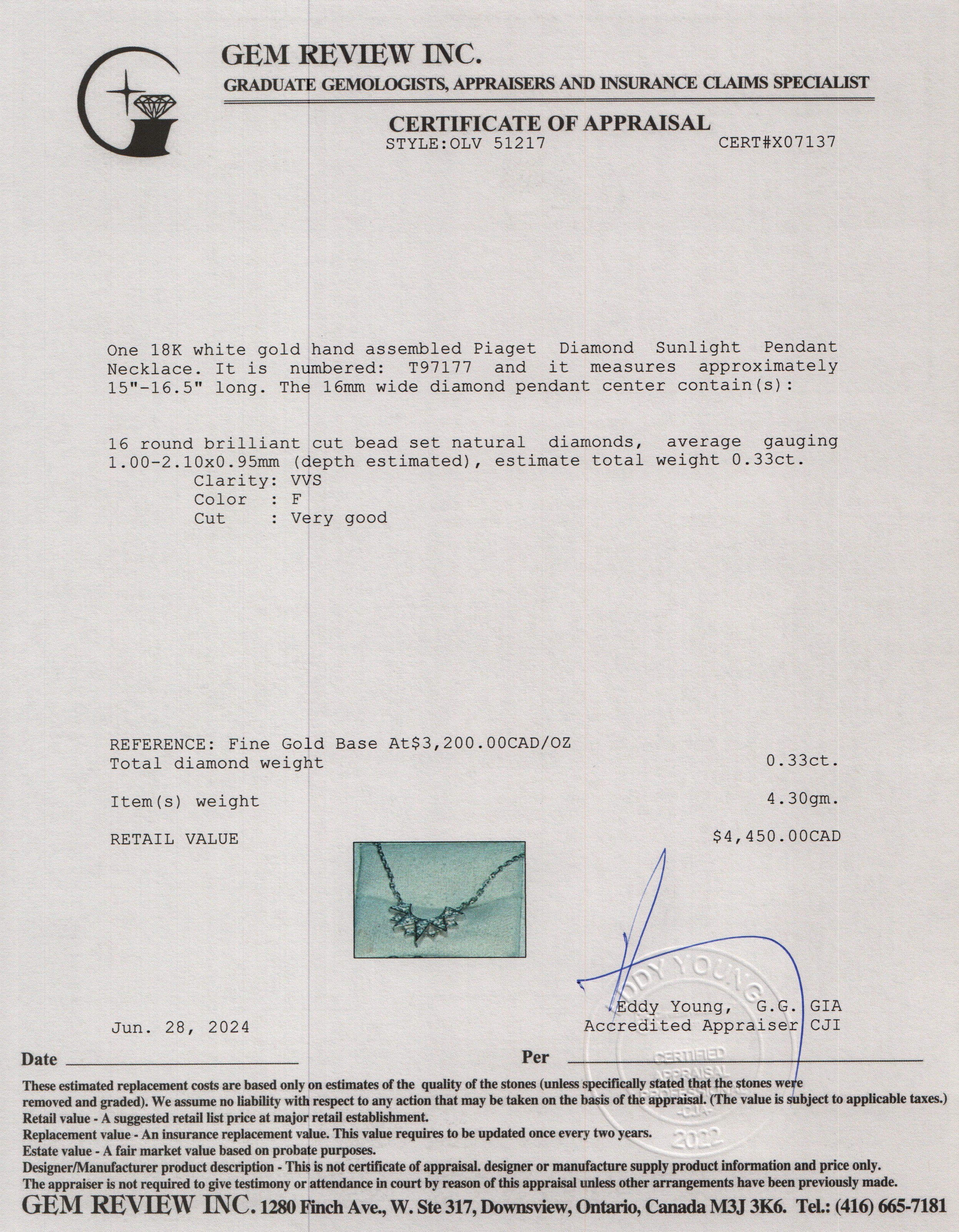 Piaget 18k White Gold Diamond Sunlight Pendant Necklace w/ Box & Certificate