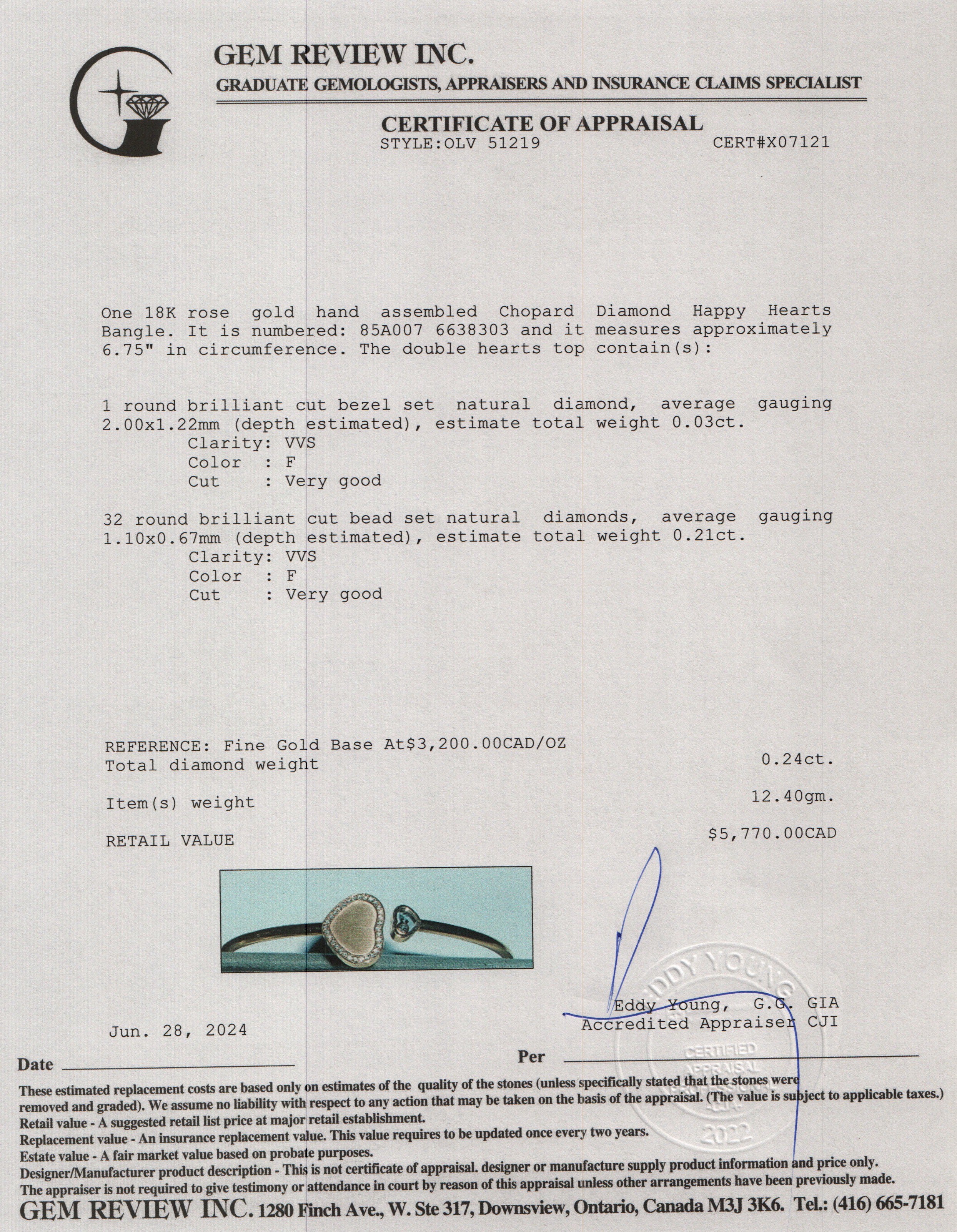 Chopard 18k Rose Gold Diamond James Bond 007 Happy Hearts Bangle w/ Box & Receipt