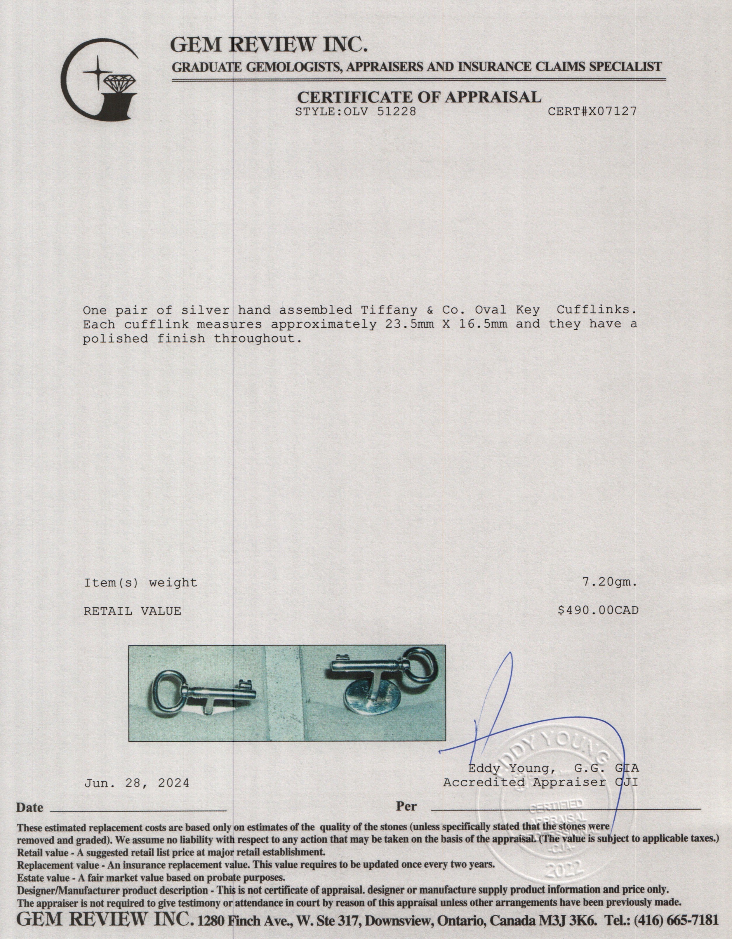 Tiffany & Co. Sterling Silver Oval Key Cufflinks