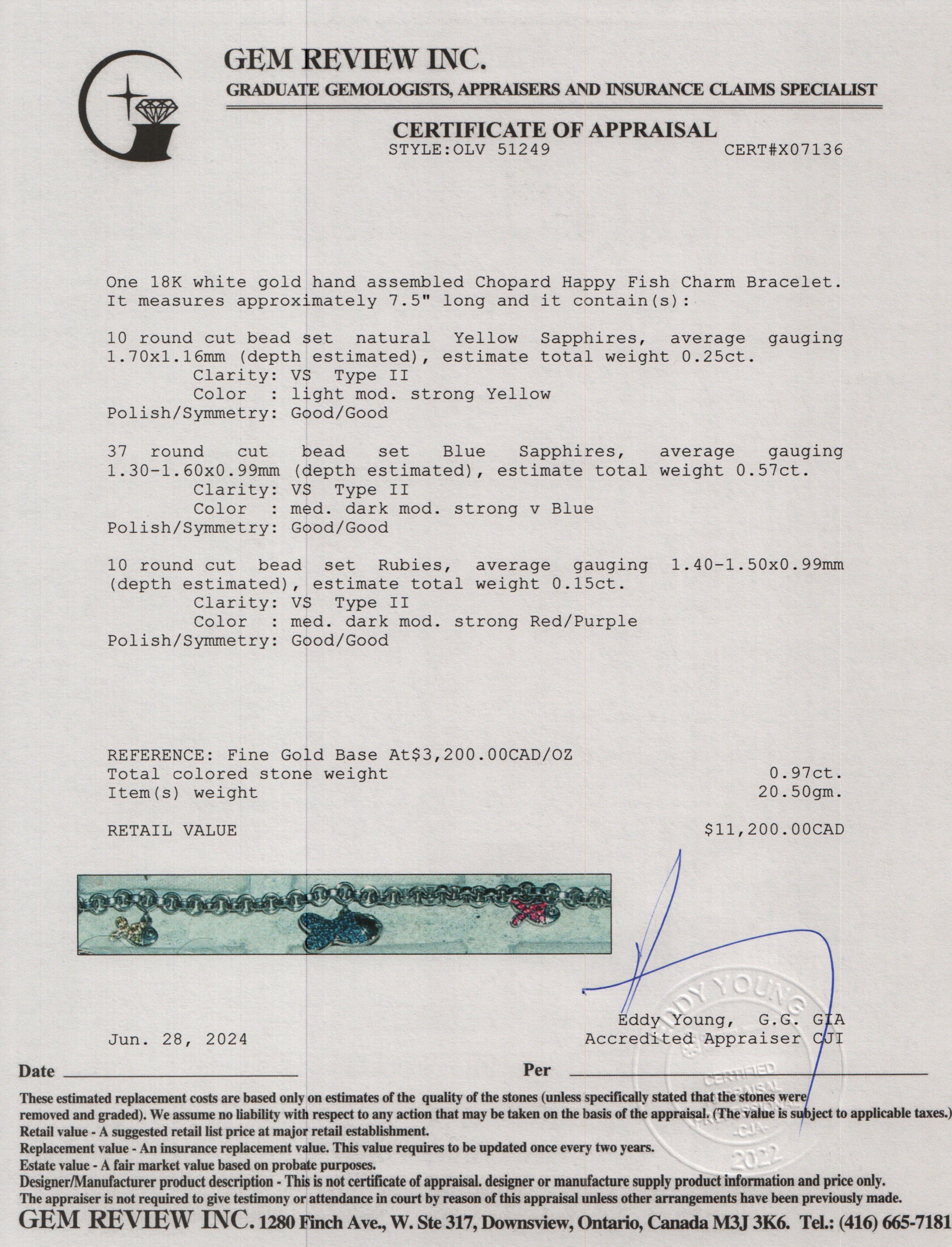 Chopard 18k White Gold Ruby & Sapphire Happy Fish Charm Bracelet