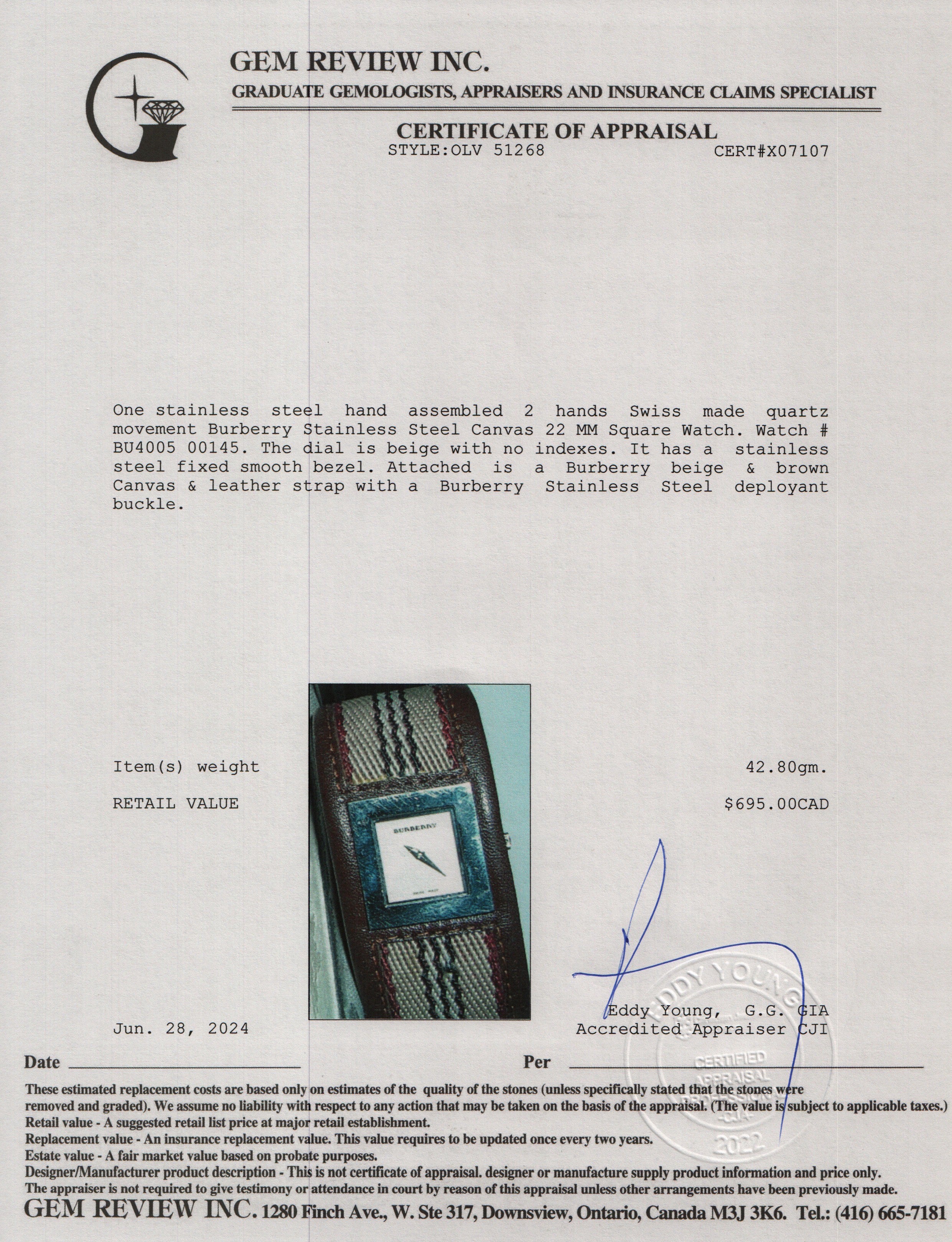 Burberry Stainless Steel BU4005 Canvas 22 MM Square Watch