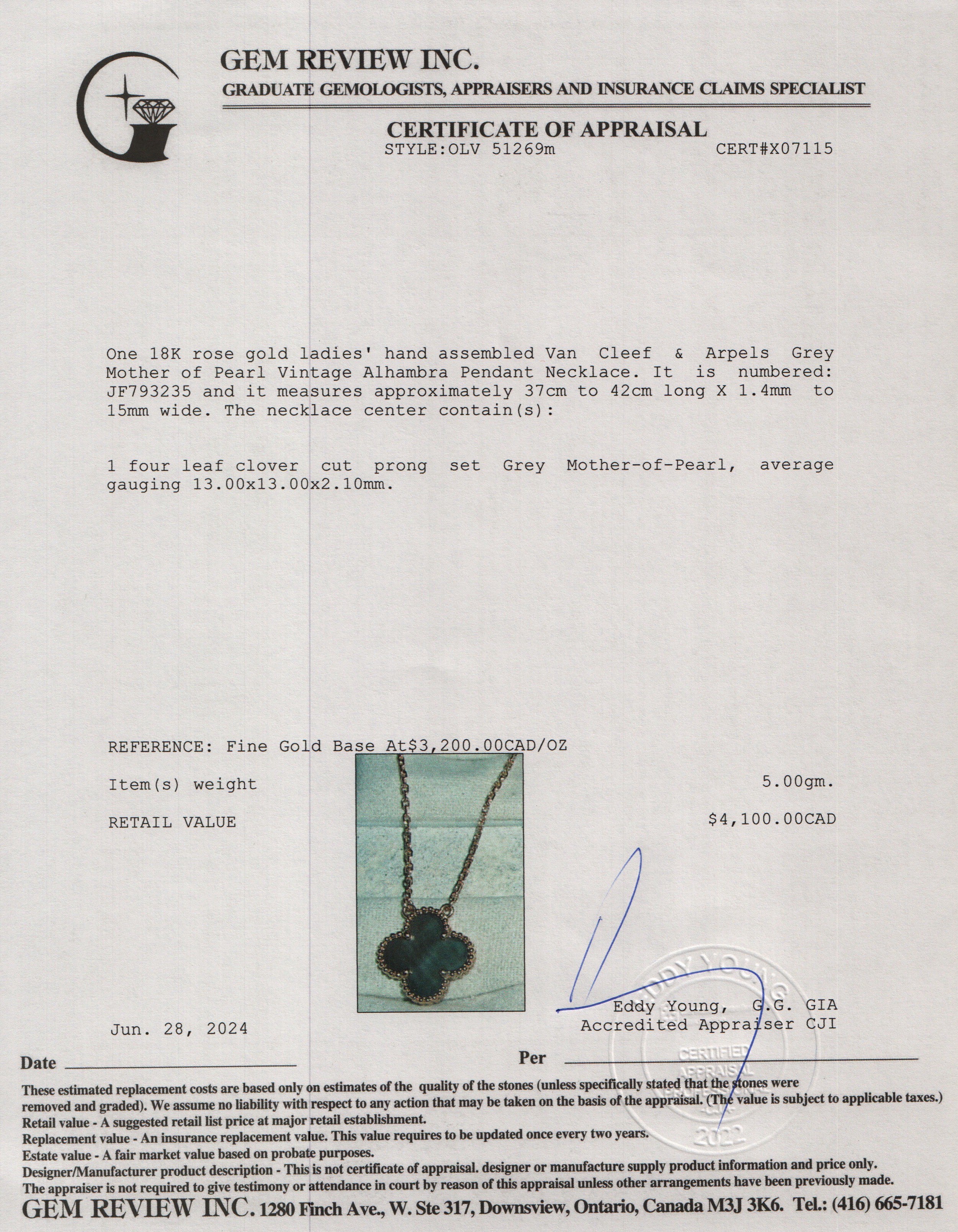 Van Cleef & Arpels 18k Rose Gold Grey Mother of Pearl Vintage Alhambra Pendant Necklace w/ Box