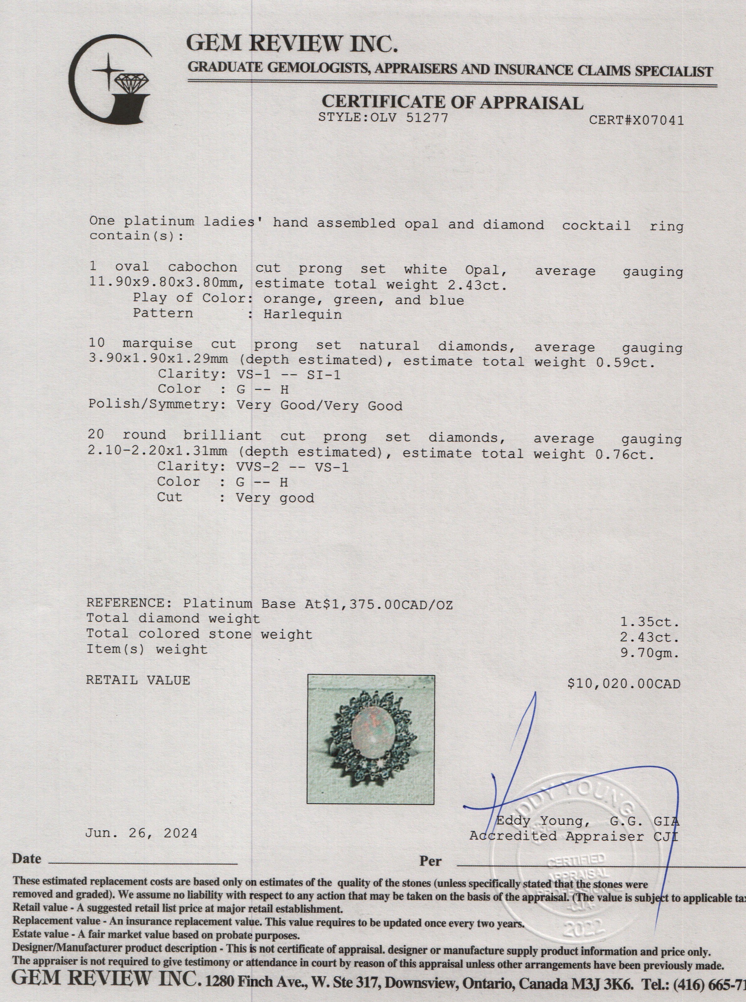 Platinum Opal and Diamond Cocktail Ring, Size 5.25