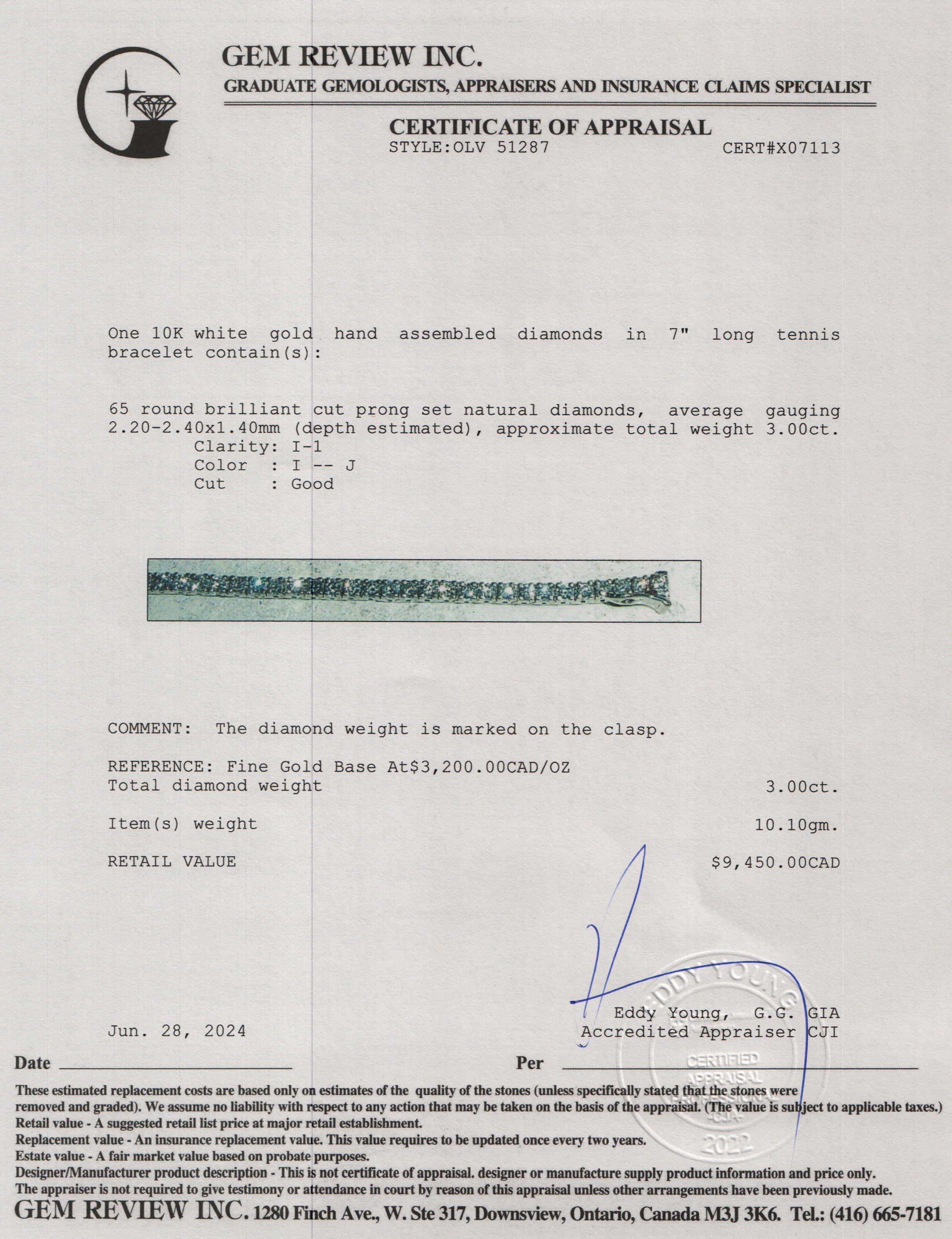 10k White Gold 3.00 tcw. Diamond Tennis Bracelet