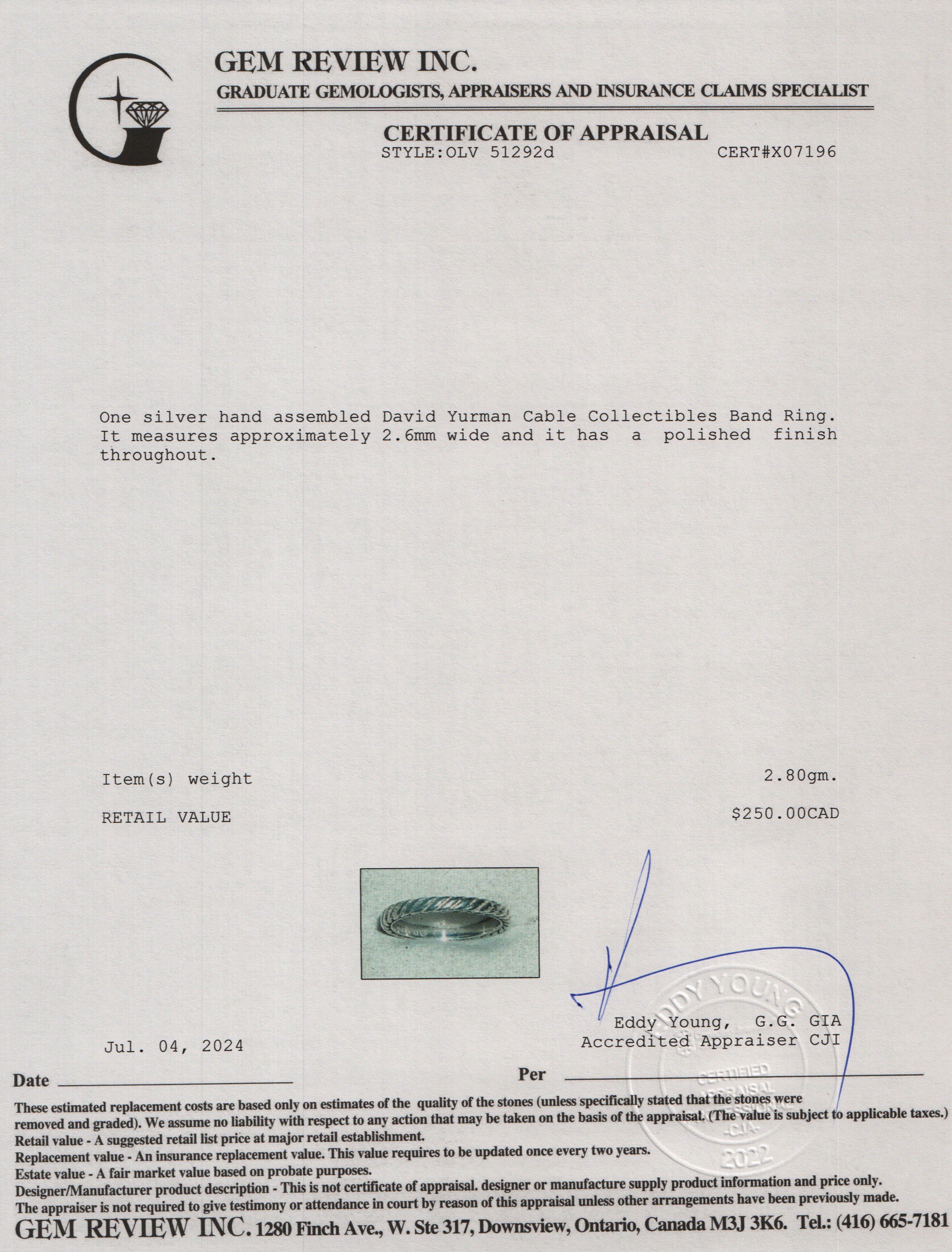 David Yurman Sterling Silver Cable Collectibles Band Ring, Size 8