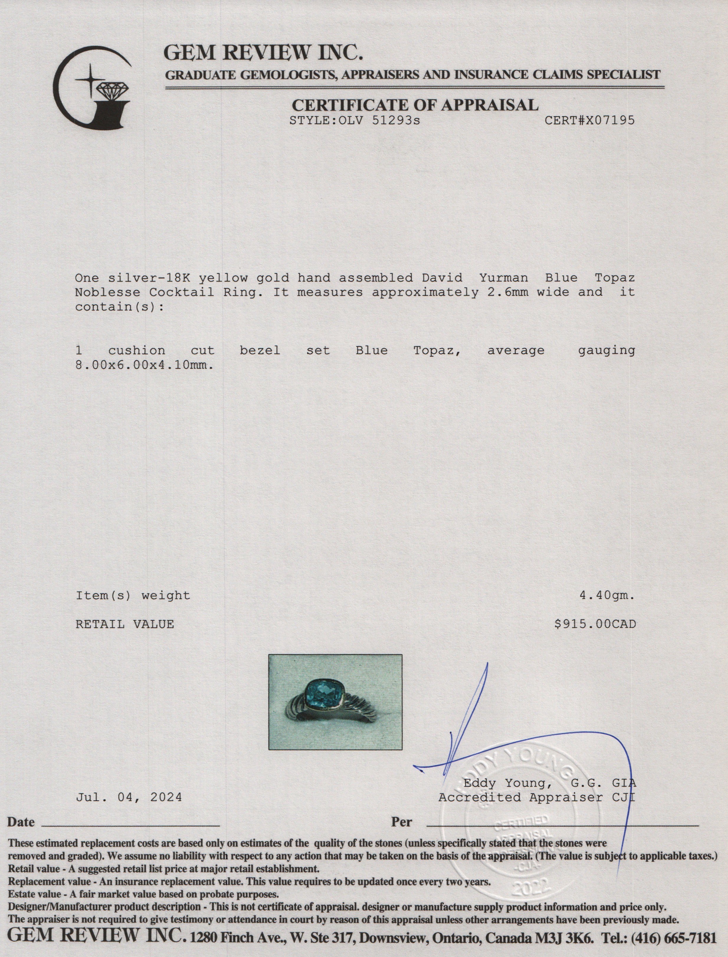 David Yurman Sterling Silver & 18k Yellow Gold Blue Topaz Noblesse Cocktail Ring, Size 6.25