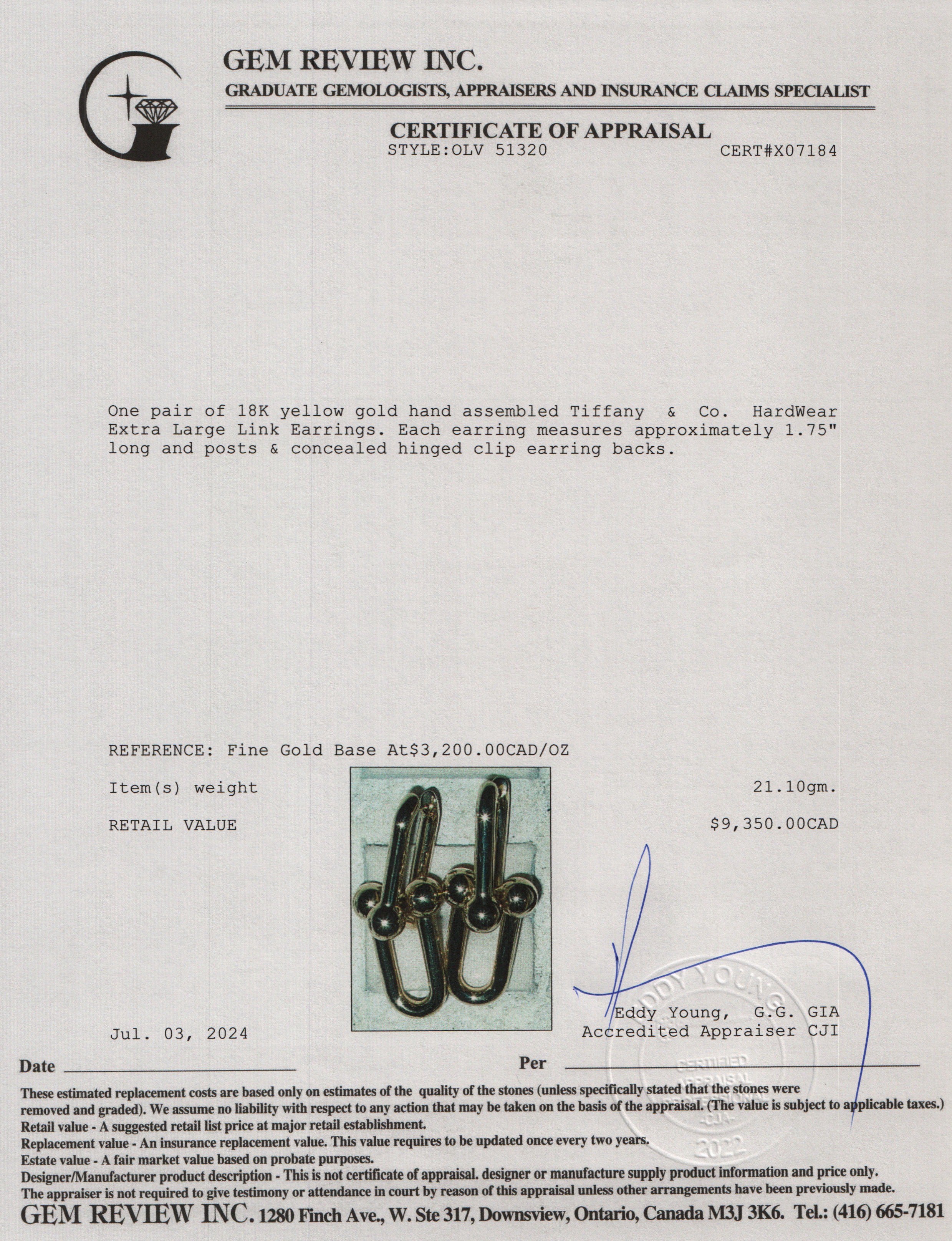 Tiffany & Co. 18k Yellow Gold HardWear Extra Large Link Earrings w/ Box & Receipt