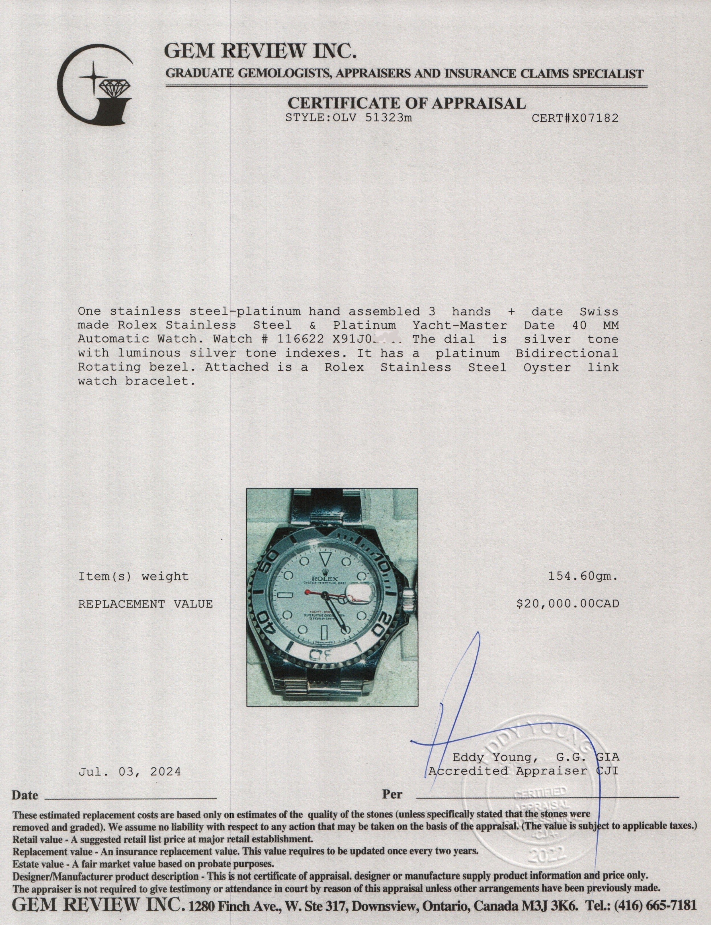 Rolex Stainless Steel & Platinum Yacht-Master Date 40 MM Automatic Watch 116622 w/ Box & Papers