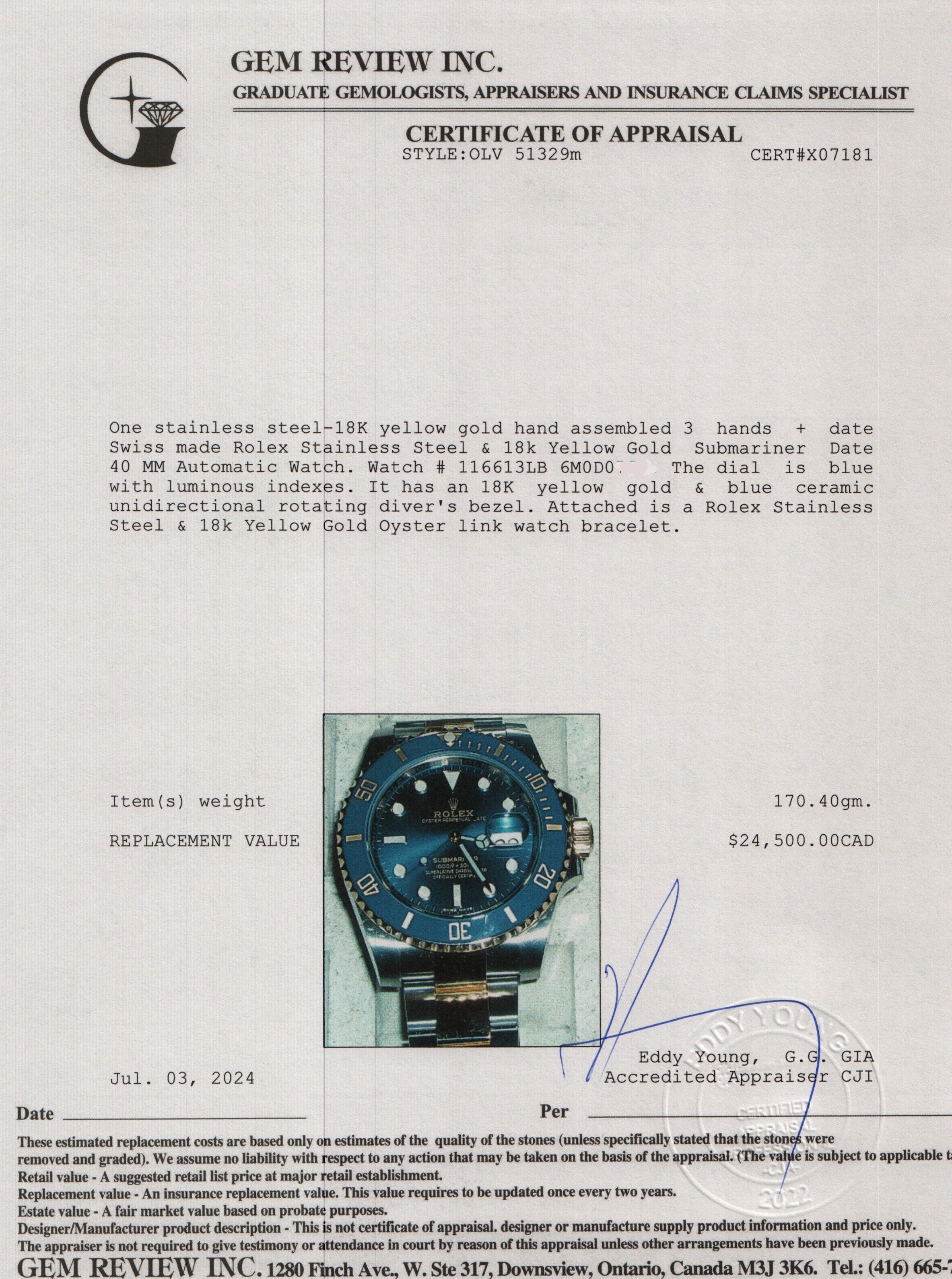 Rolex Stainless Steel & 18k Yellow Gold Submariner Date 40 MM Automatic Watch 116613LB w/ Box & Papers