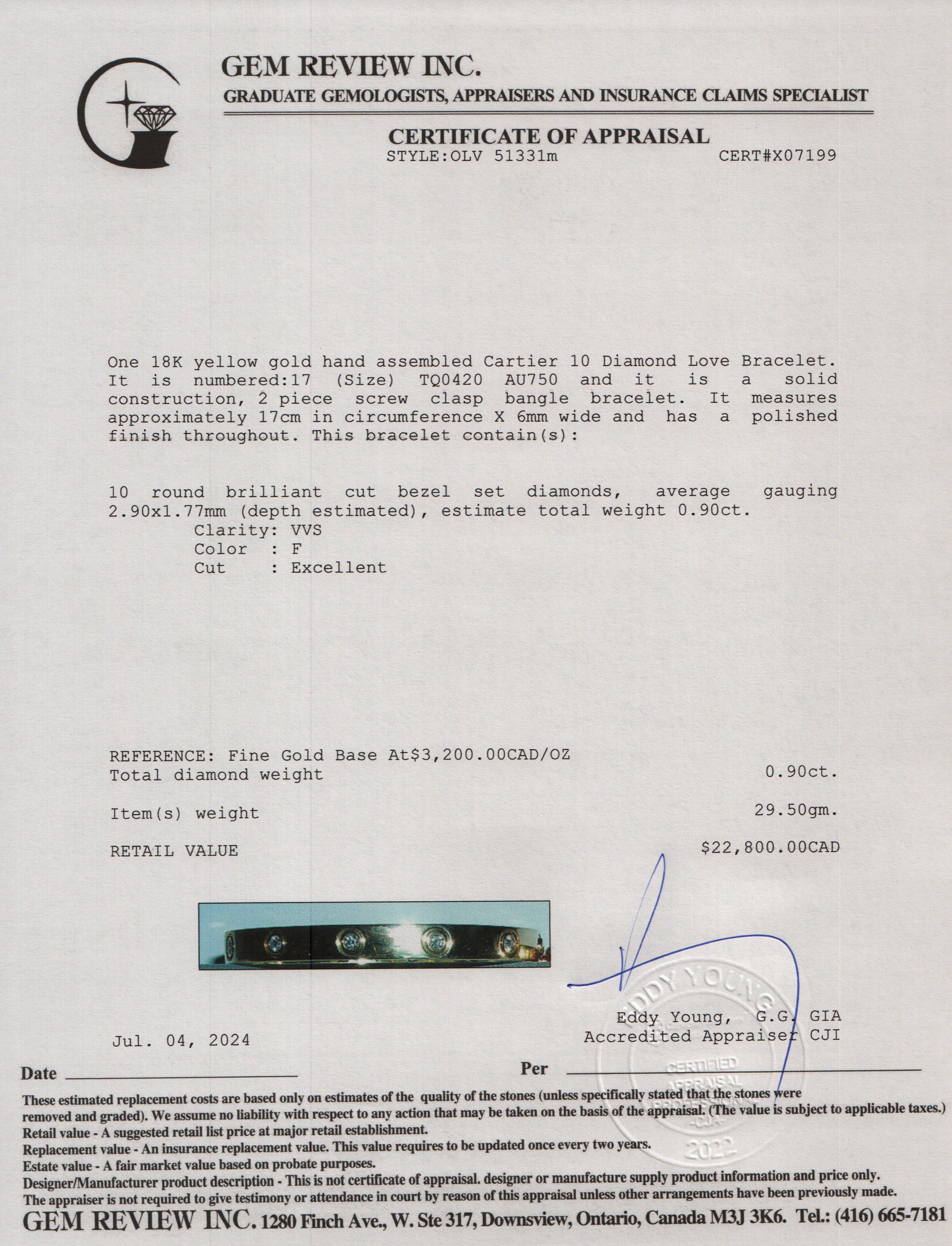 Cartier 18k Yellow Gold 10 Diamond Love Bracelet, Size 17 w/ Certificate