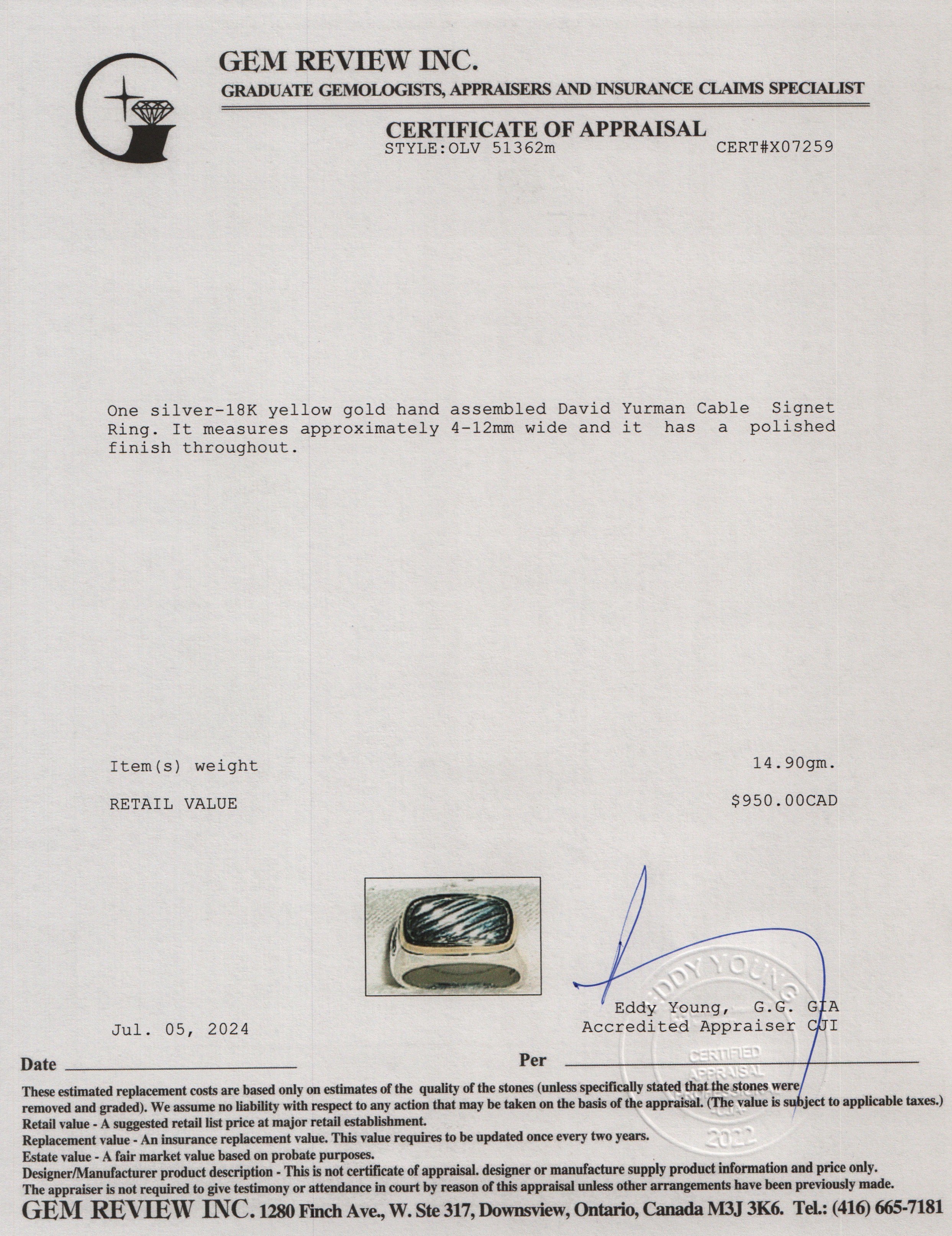 David Yurman Sterling Silver & 18k Yellow Gold Cable Signet Ring, Size 8.75