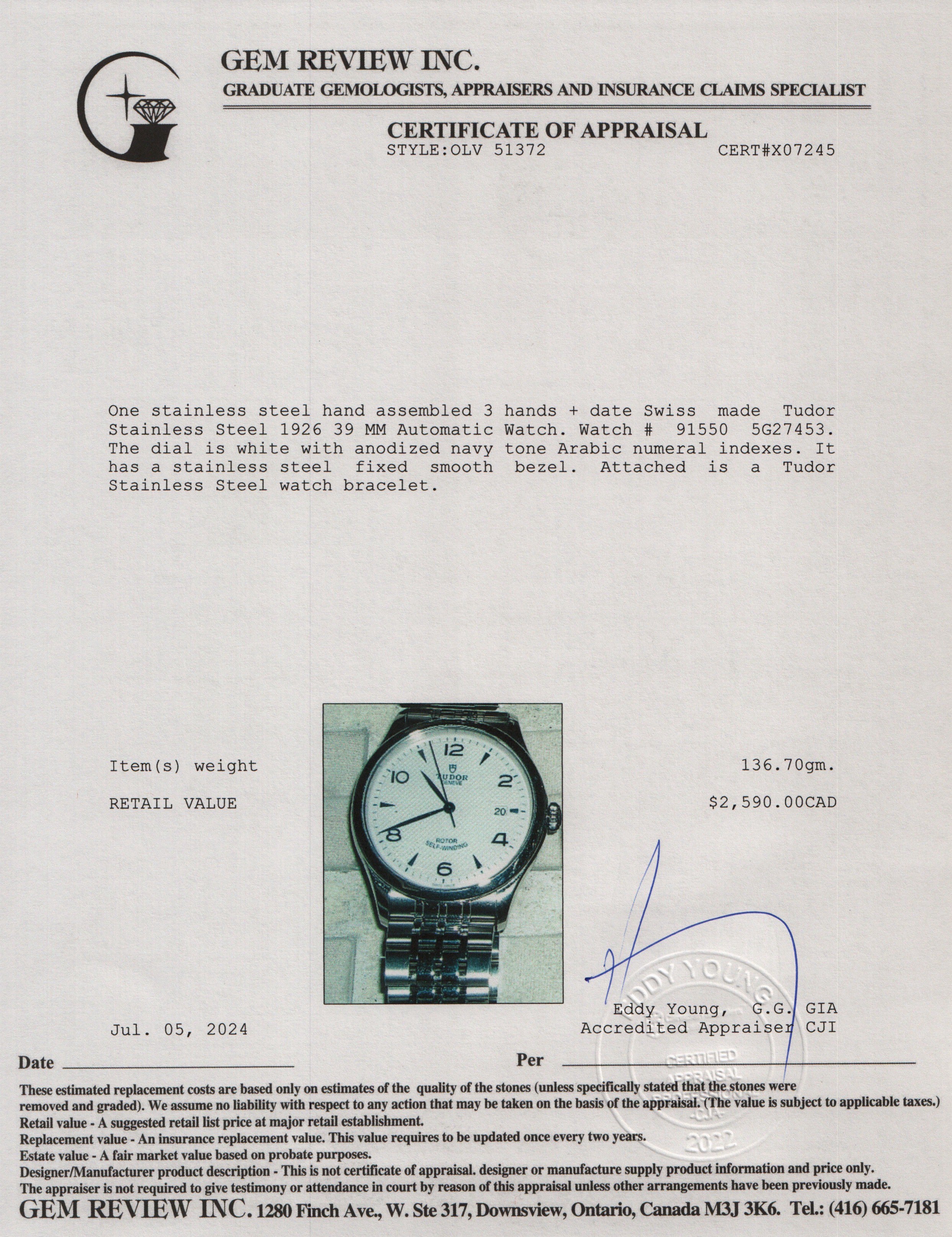 Tudor Stainless Steel 1926 39 MM Automatic Watch w/ Box & Papers