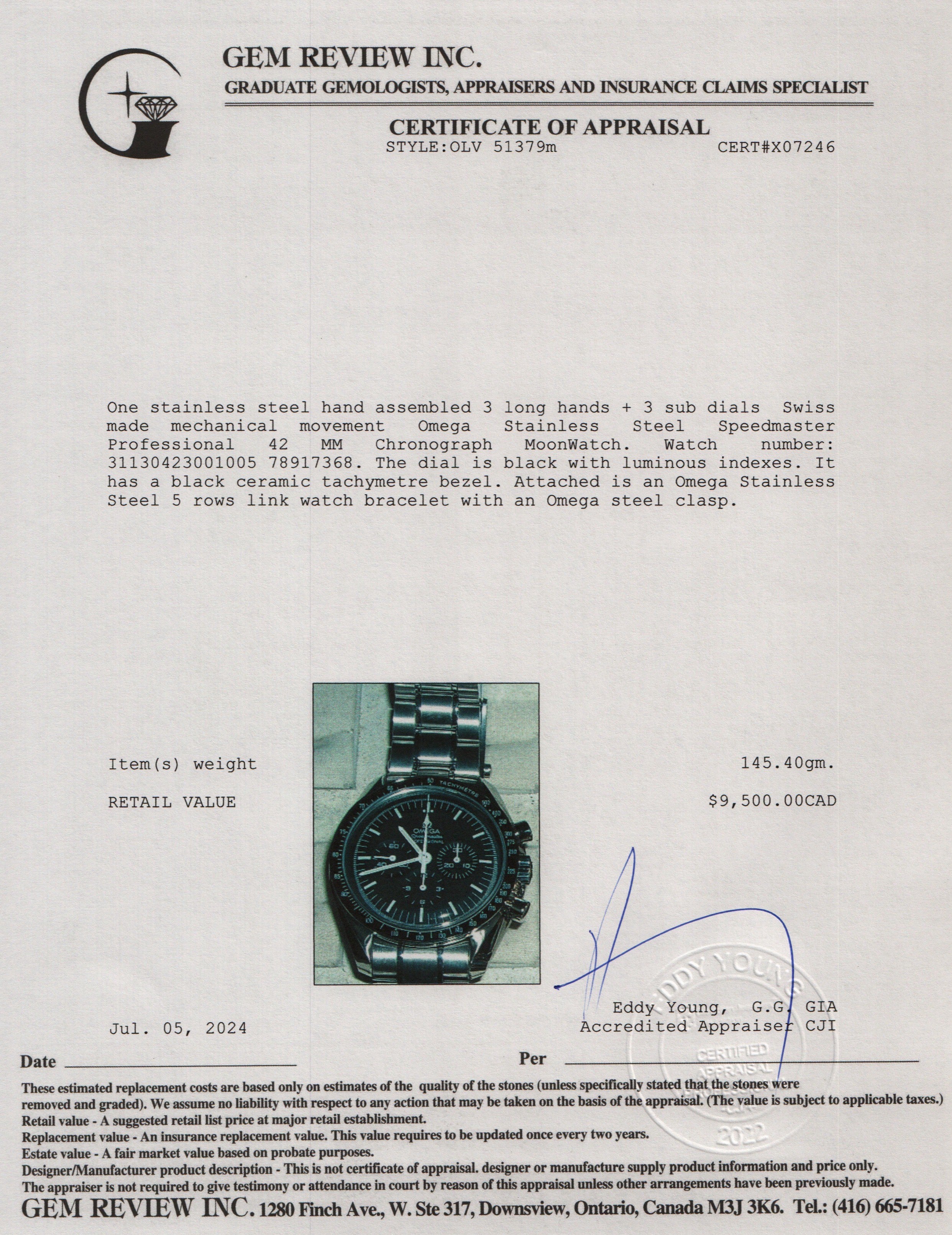 Omega Stainless Steel Speedmaster Professional 42 MM Chronograph MoonWatch w/ Box & Papers