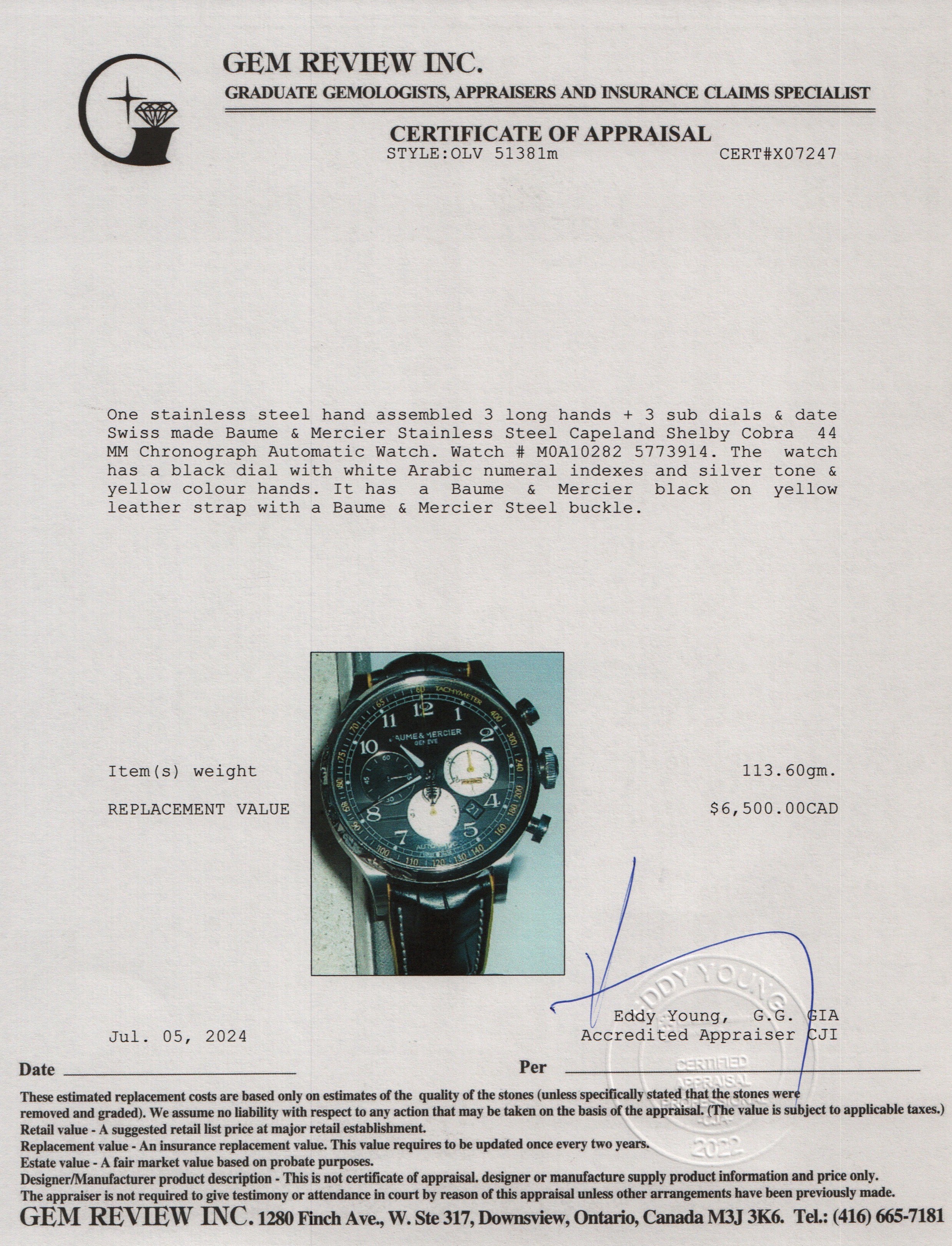 Baume & Mercier Stainless Steel Capeland Shelby Cobra 44 MM Chronograph Automatic Watch w/ Box & Papers