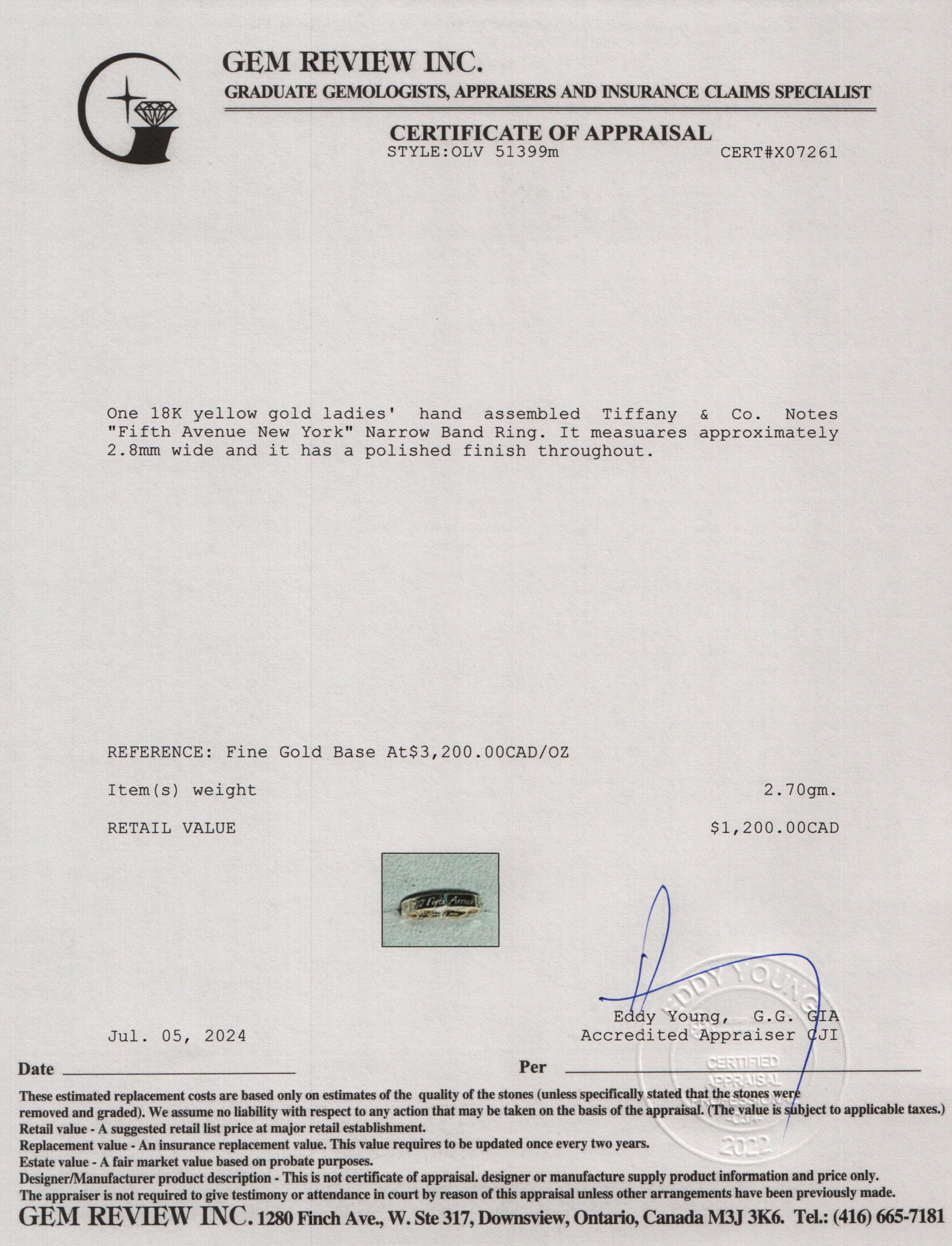 Tiffany & Co. 18k Yellow Gold Notes "Fifth Avenue New York" Narrow Band Ring, Size 5.5