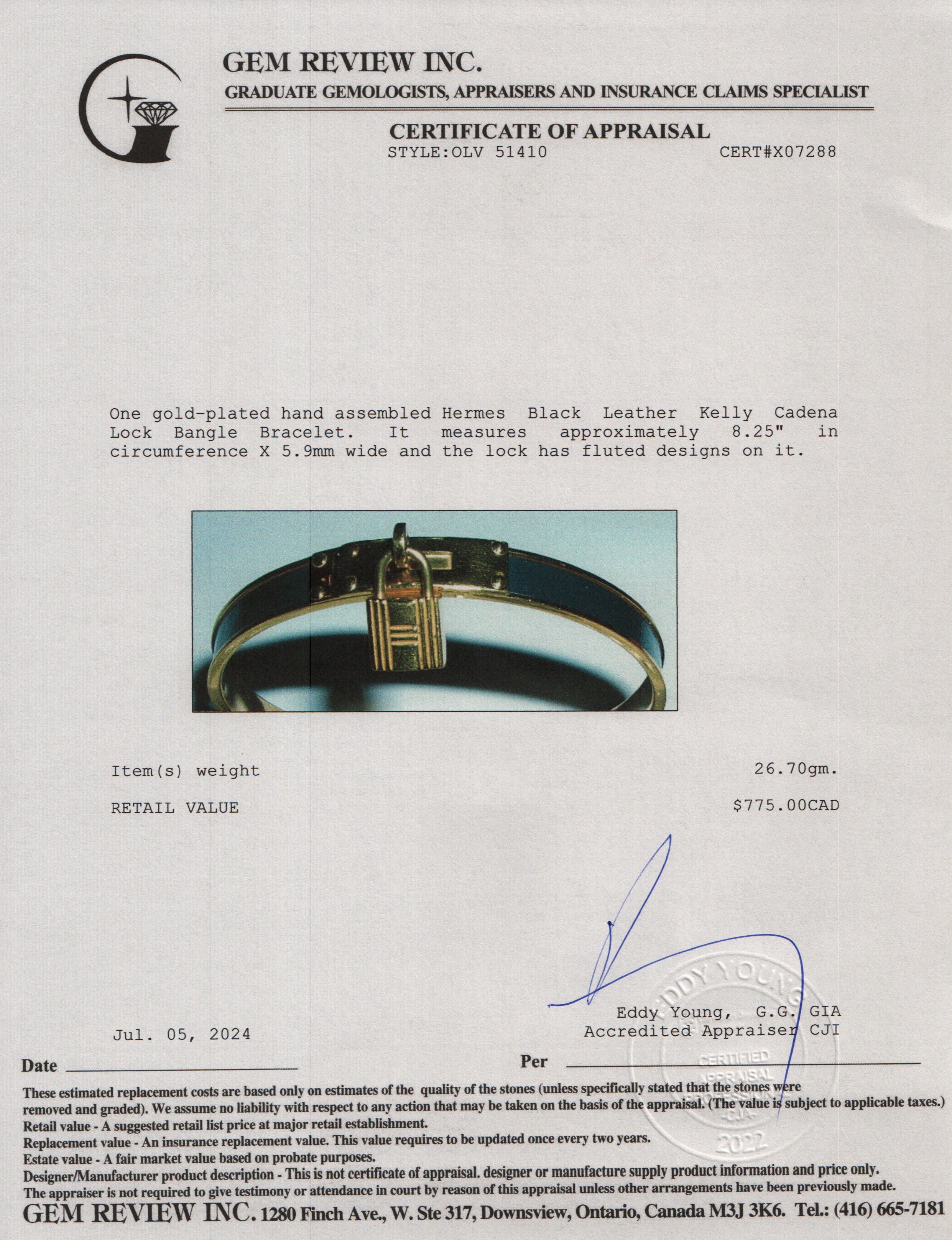 Hermes Gold-Plated Black Leather Kelly Cadena Lock Bangle Bracelet