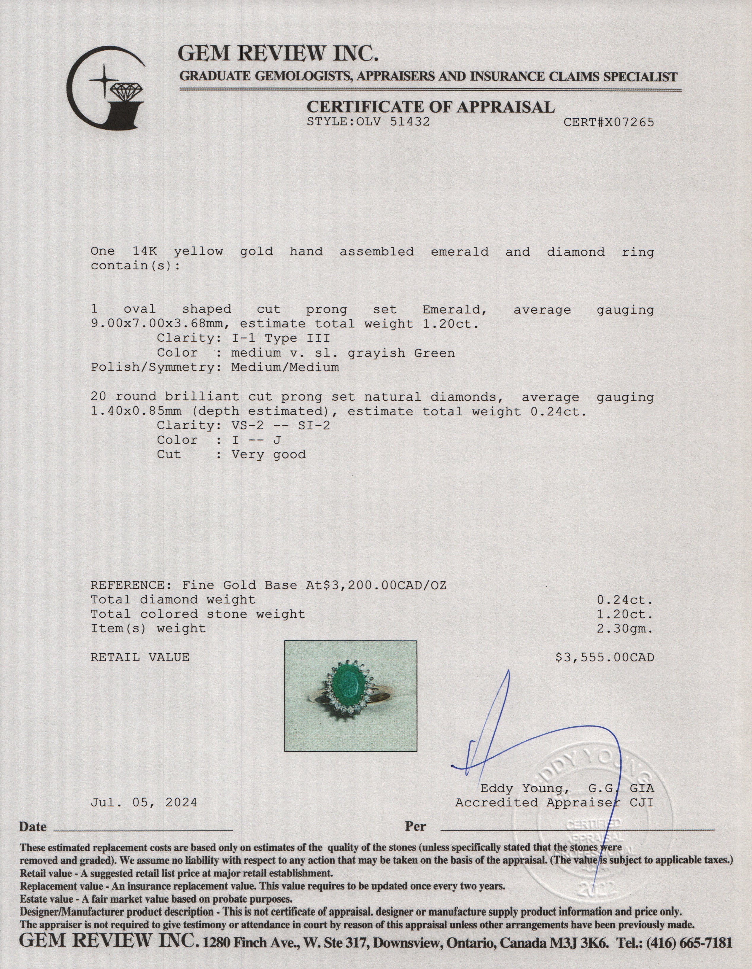 14k Yellow Gold Emerald & Diamond Cocktail Ring, Size 7