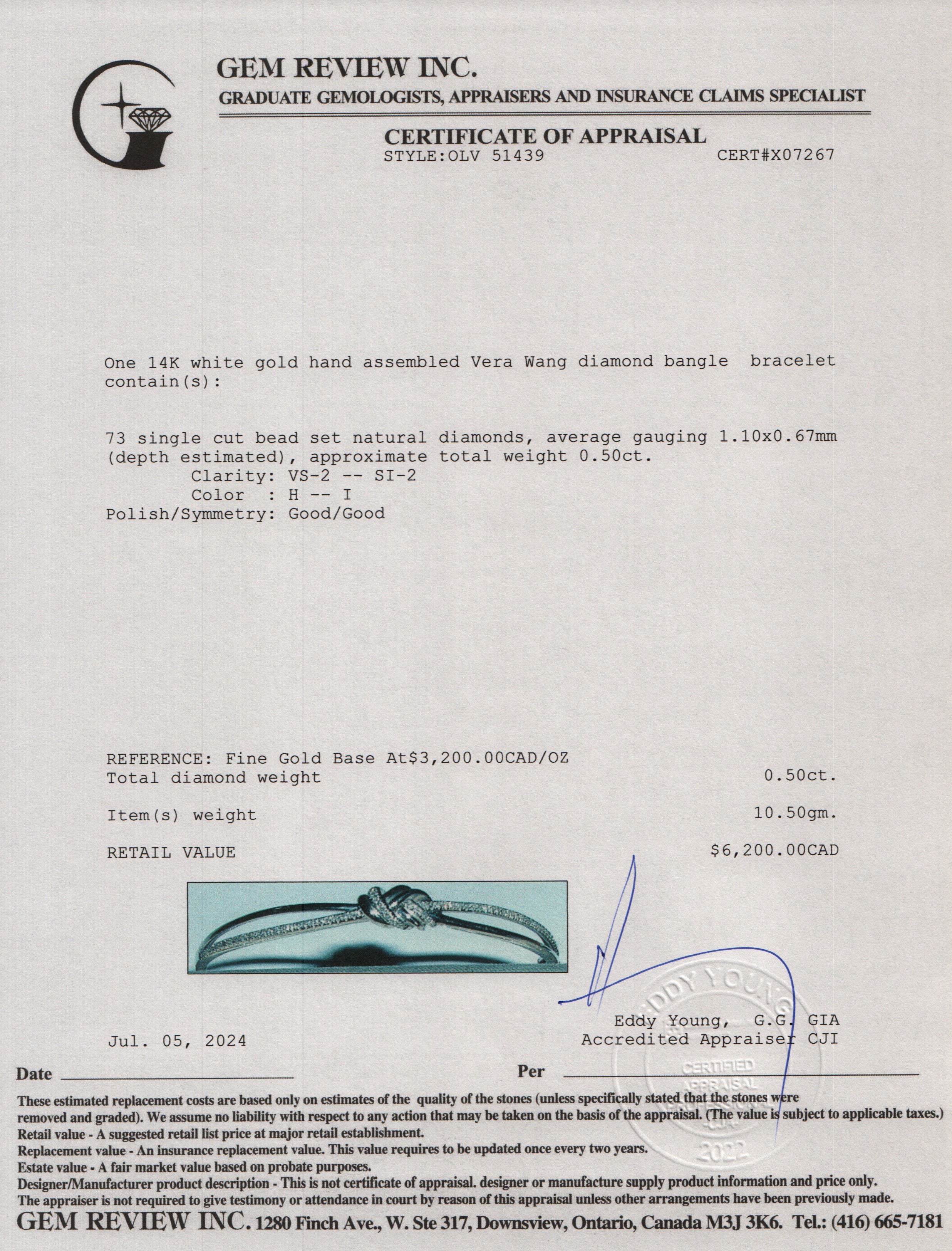 Vera Wang 14k White Gold Diamond Love Knot Bangle Bracelet w/ Box