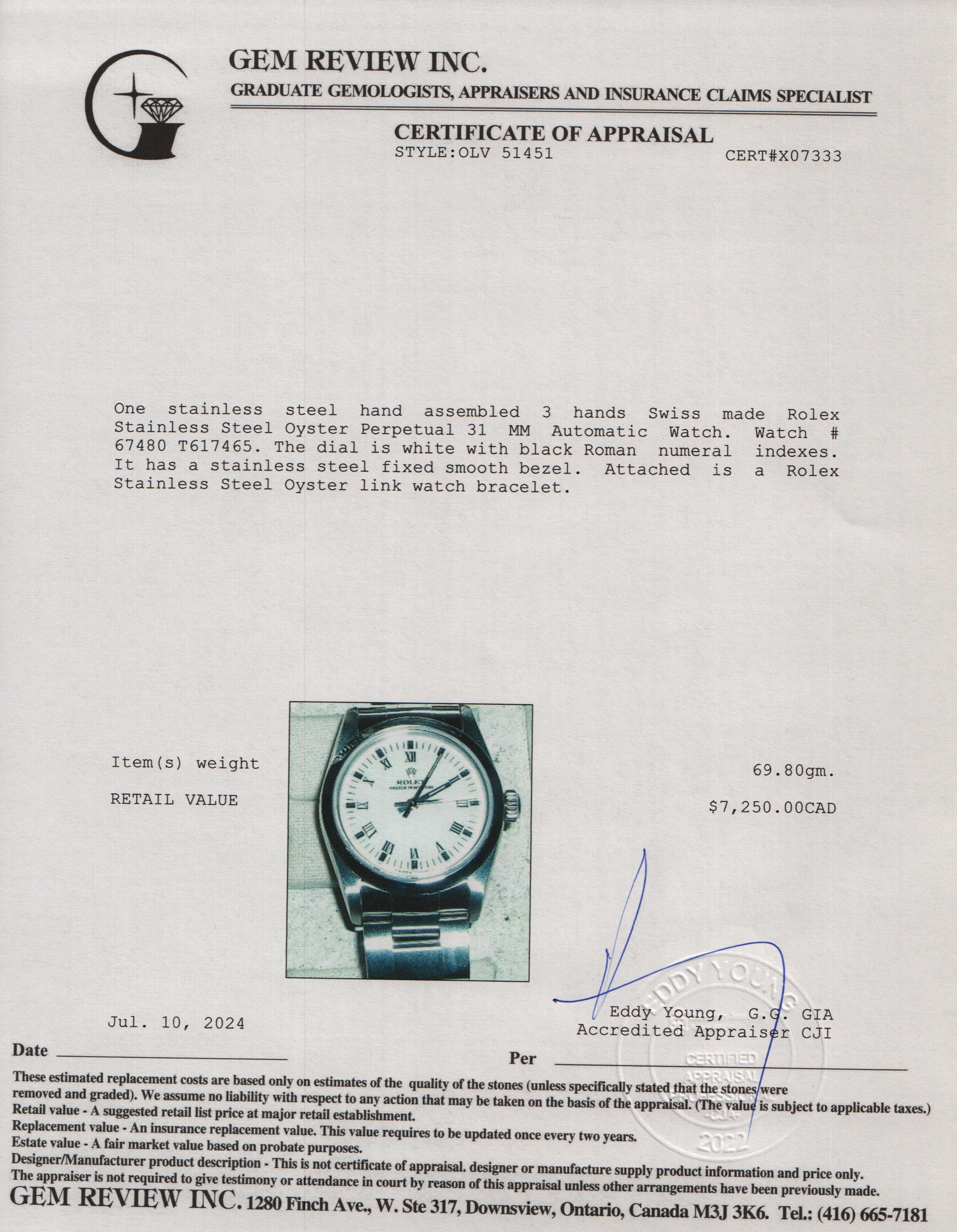 Rolex Stainless Steel Oyster Perpetual 31 MM Automatic Watch 67480 w/ Box